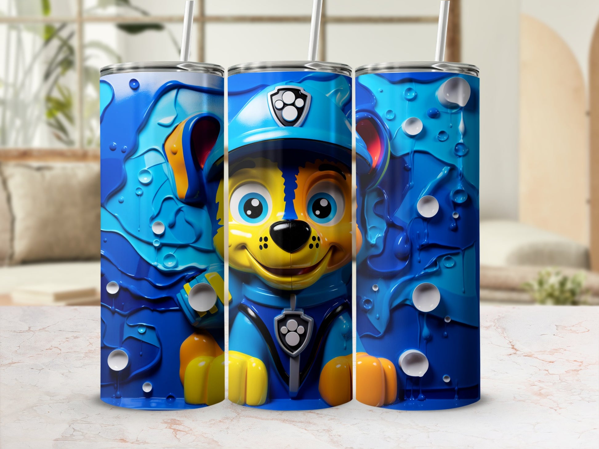 Blue Cartoon Dog with Paw Badge Travel Tumbler Cup
