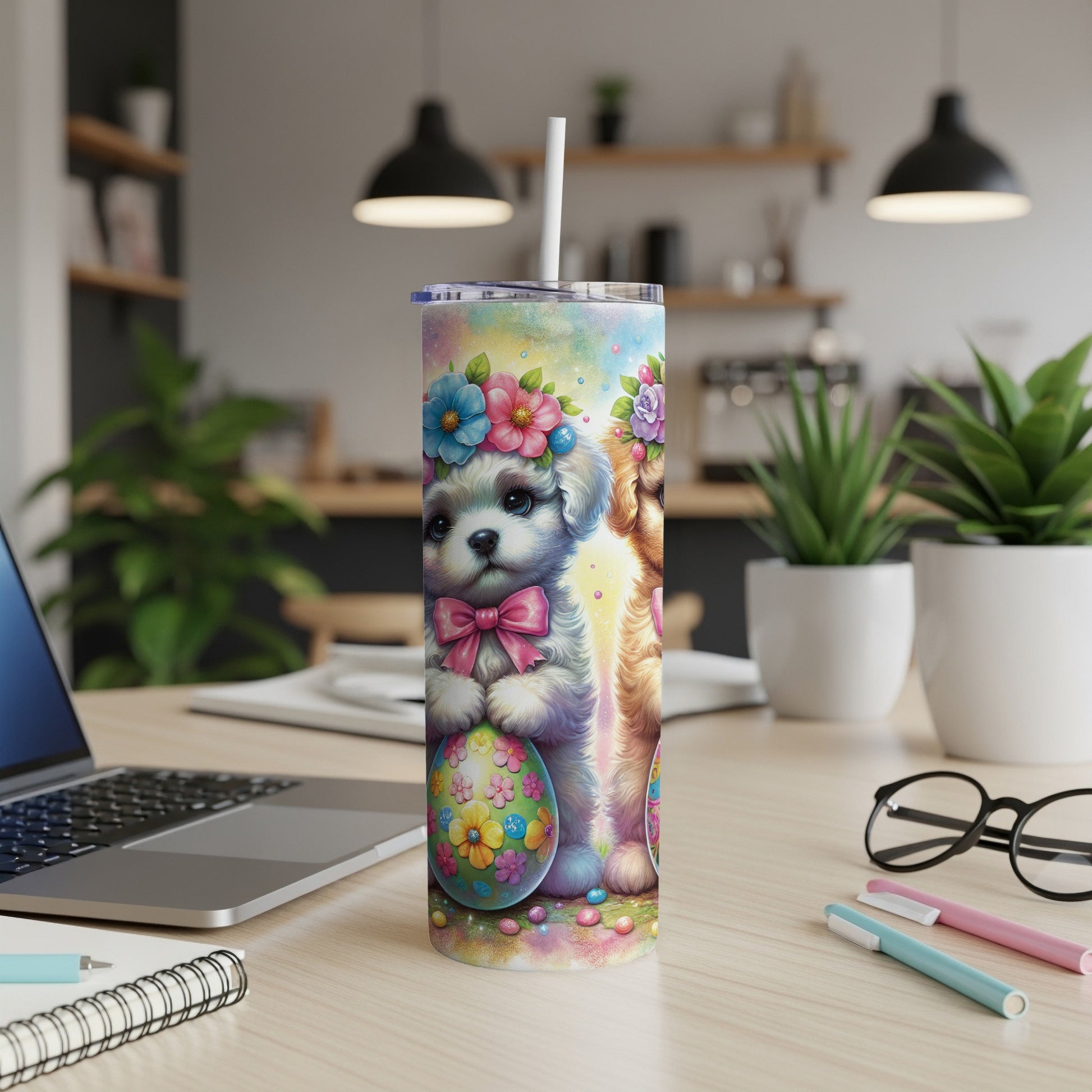 Two cartoon puppies hold an Easter egg, floral accents.
