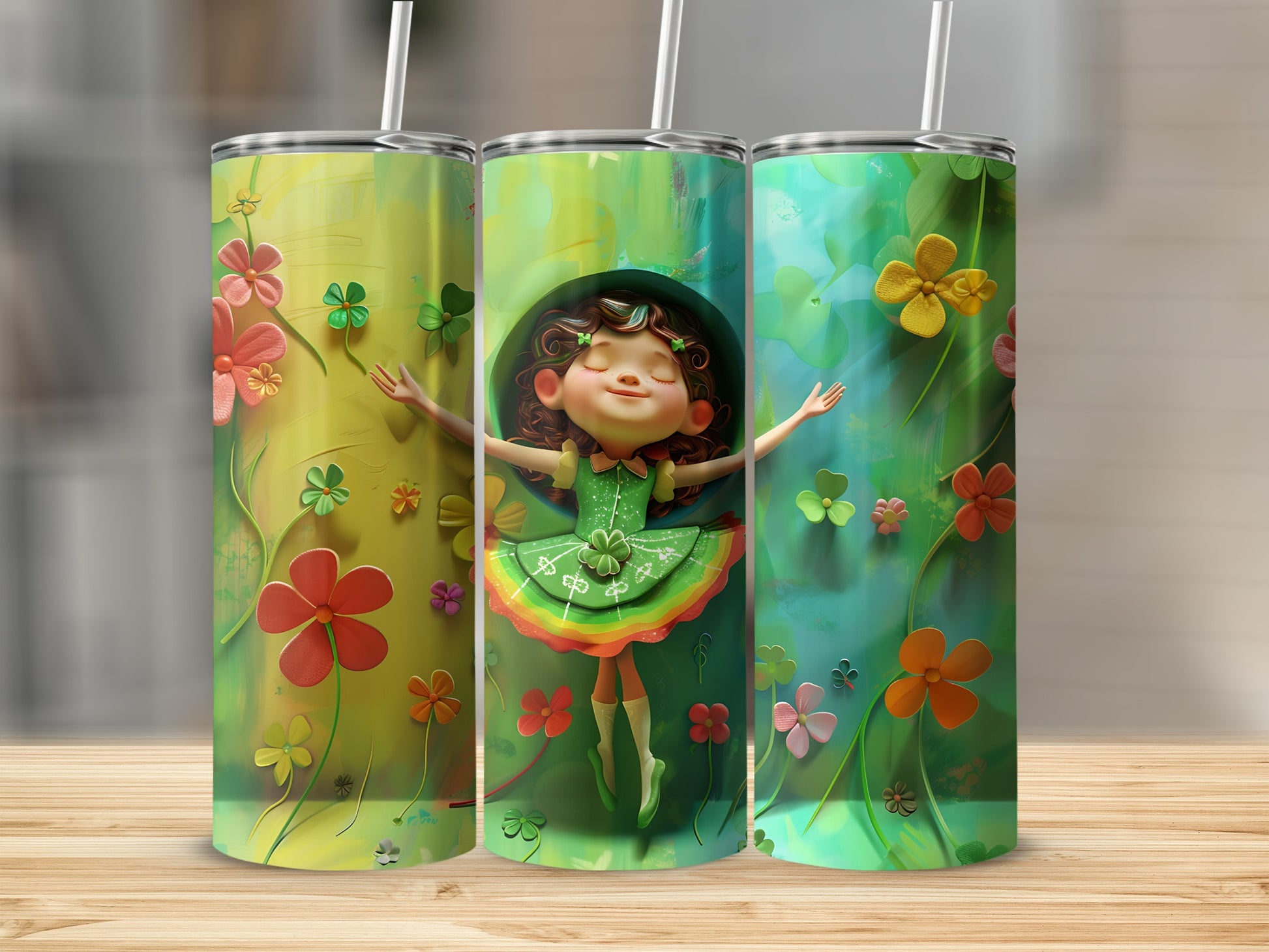 Three St. Patrick's Day tumblers with a dancing girl and floral designs.