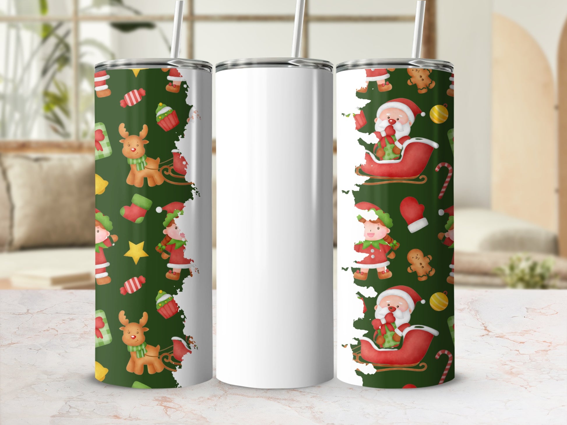 Christmas Elf Santa Reindeer Pattern Tumbler Cup