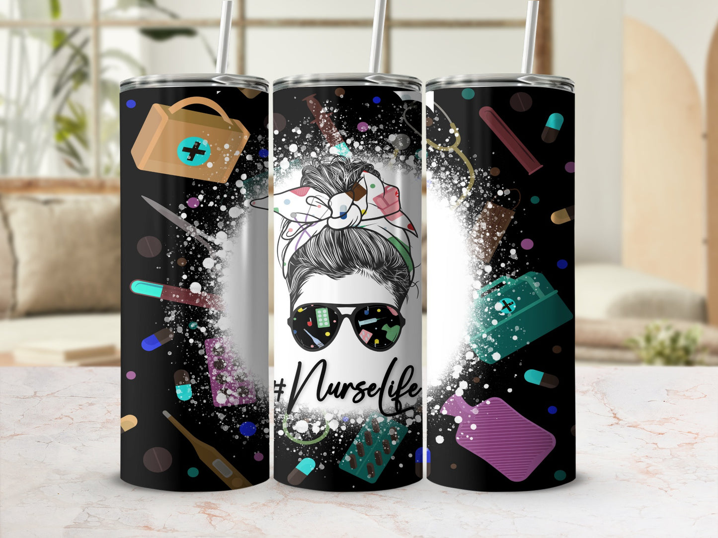 Nurse life tumbler with messy bun, sunglasses, and medical icons.