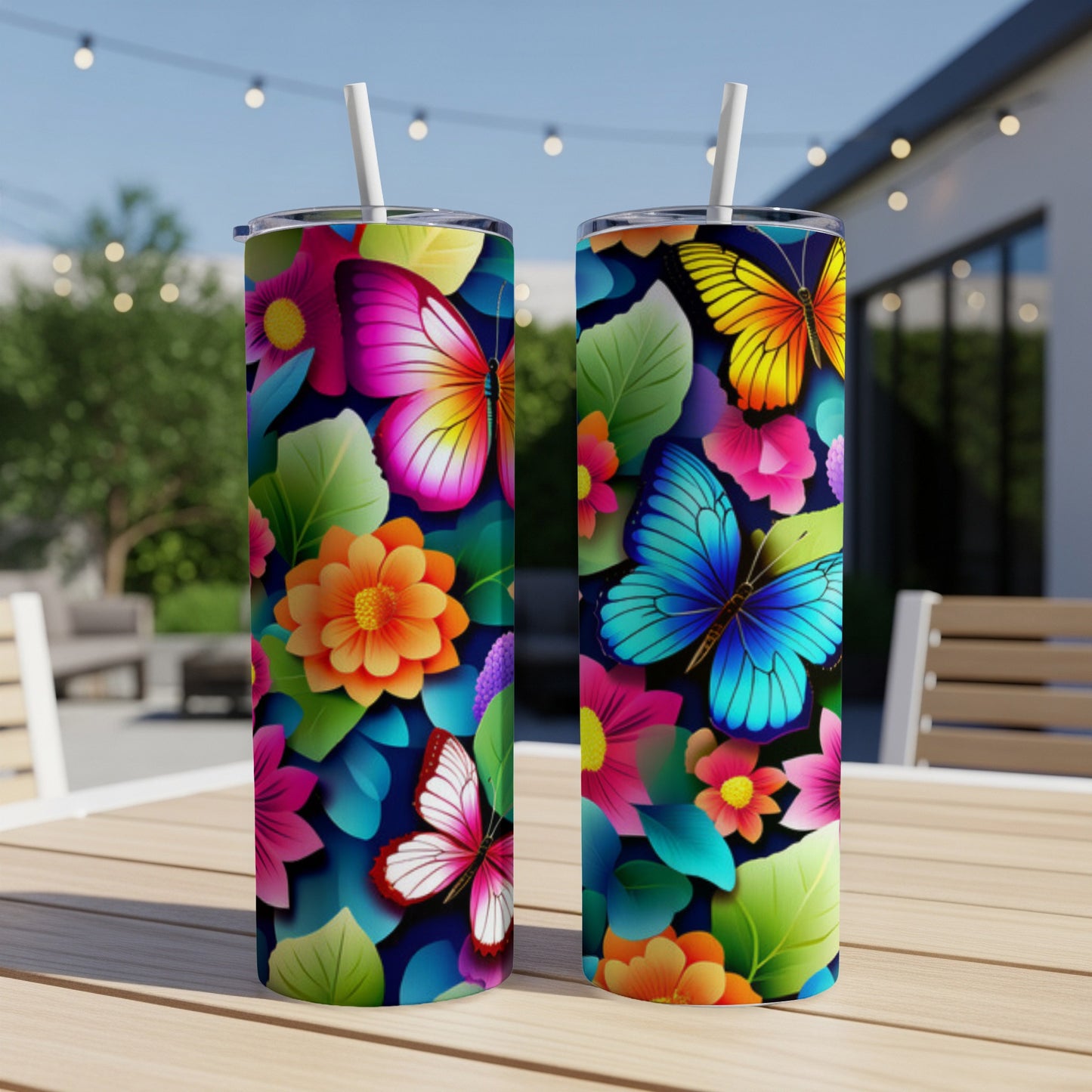 Two colorful tumblers with floral and butterfly designs on a table.