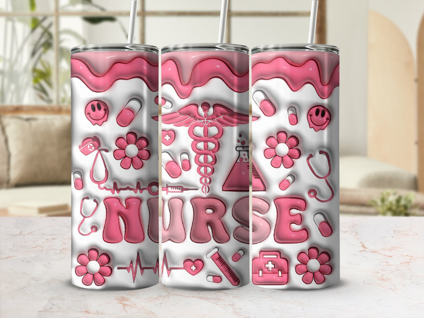 Nurse tumbler with medical icons and pink wavy design.