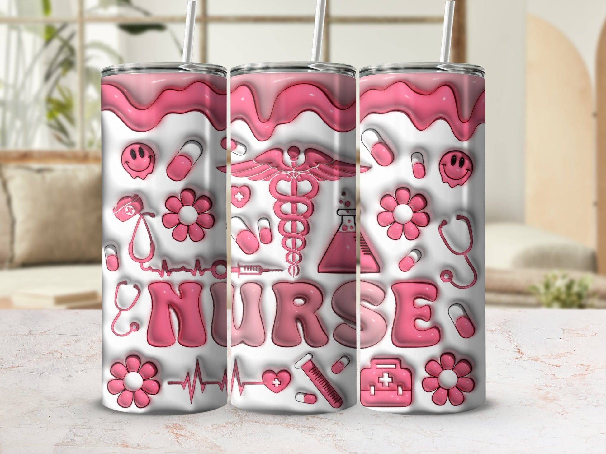 Nurse tumbler with medical icons and pink wavy design.
