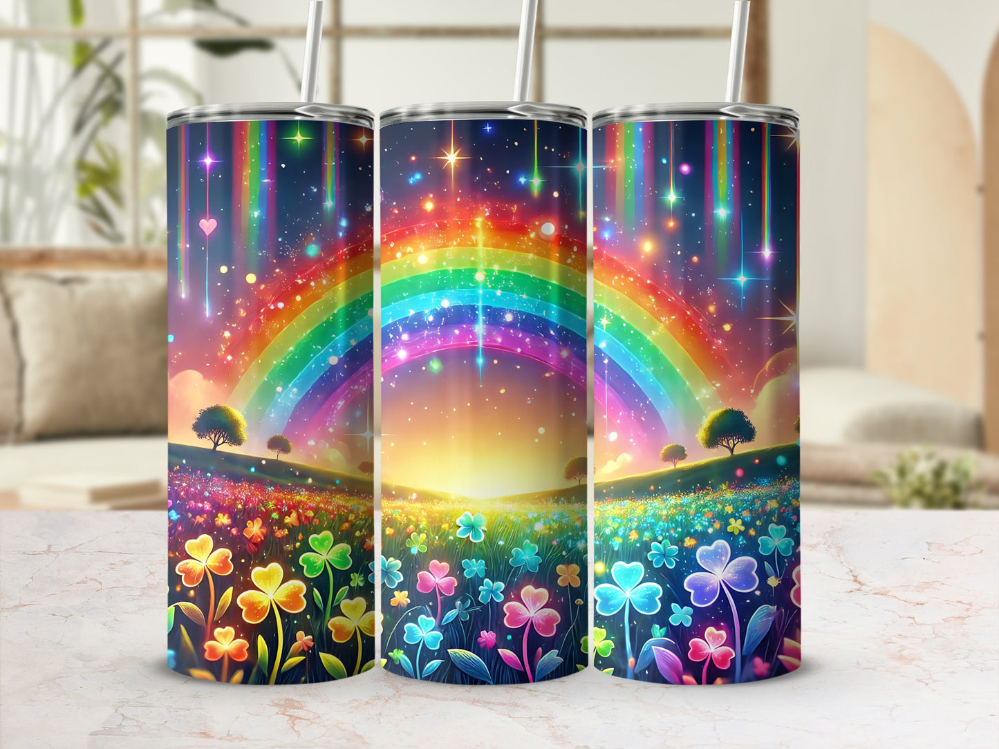 Three rainbow-themed tumblers with shamrock designs sit on a marble surface.