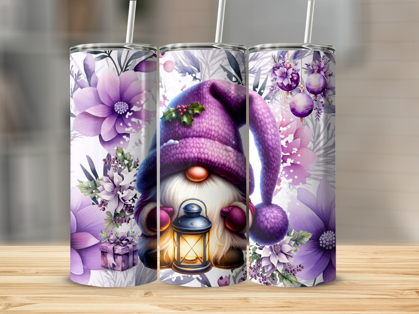 Three purple gnome tumblers with floral and lantern details.
