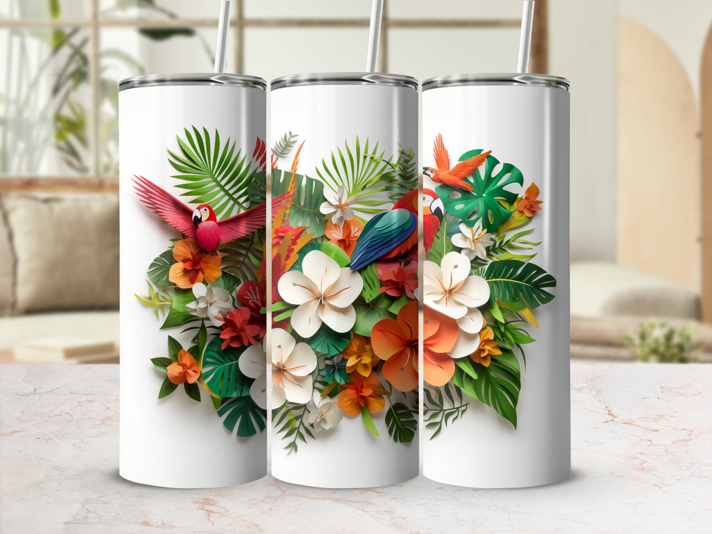 Vibrant Tropical Floral Tumbler with Parrot Design