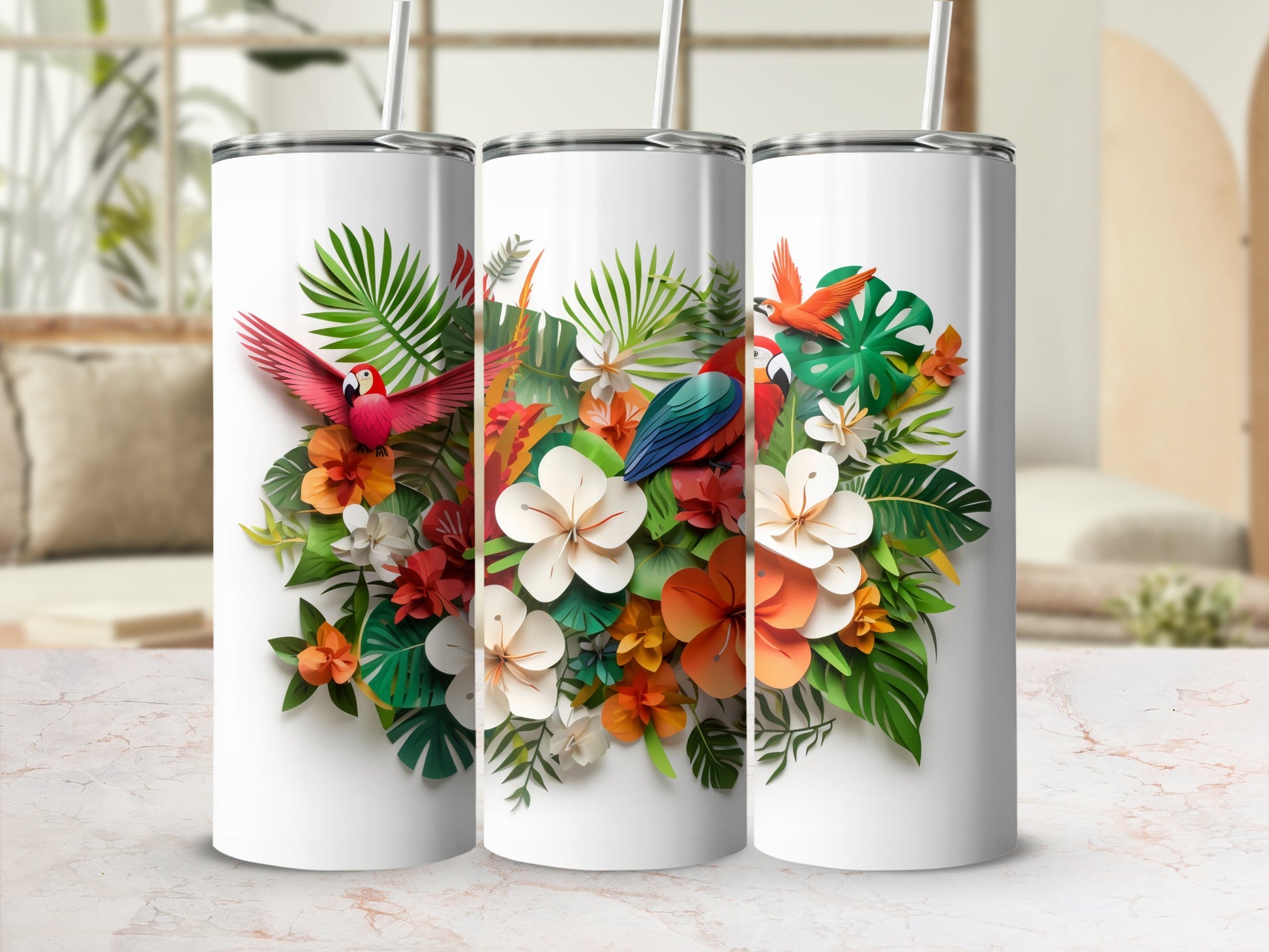 Vibrant Tropical Floral Tumbler with Parrot Design