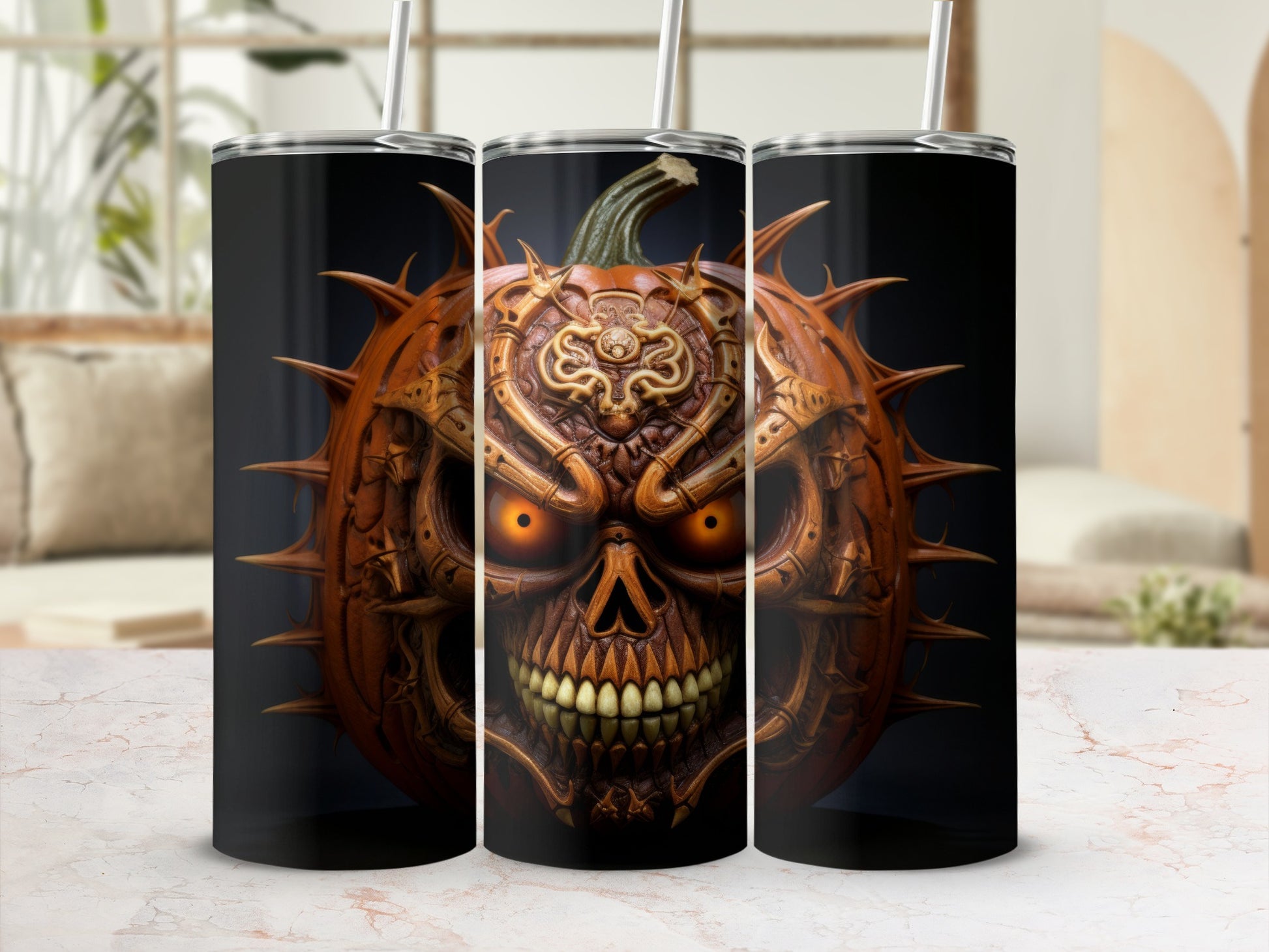 Three tumblers displaying a detailed spooky skull pumpkin design with glowing orange eyes.