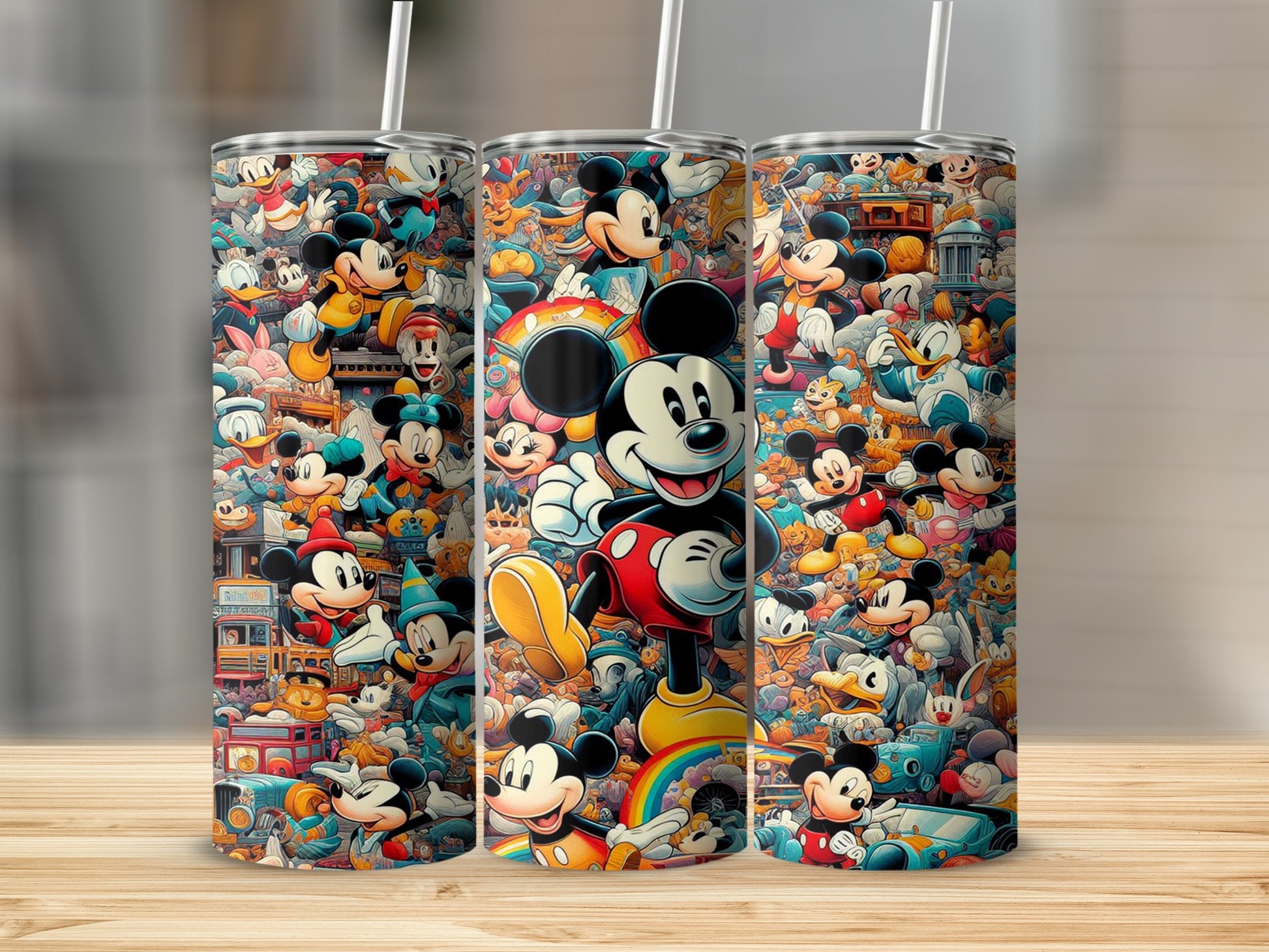 Mickey Mouse collage with various characters and park scenes on a tumbler.
