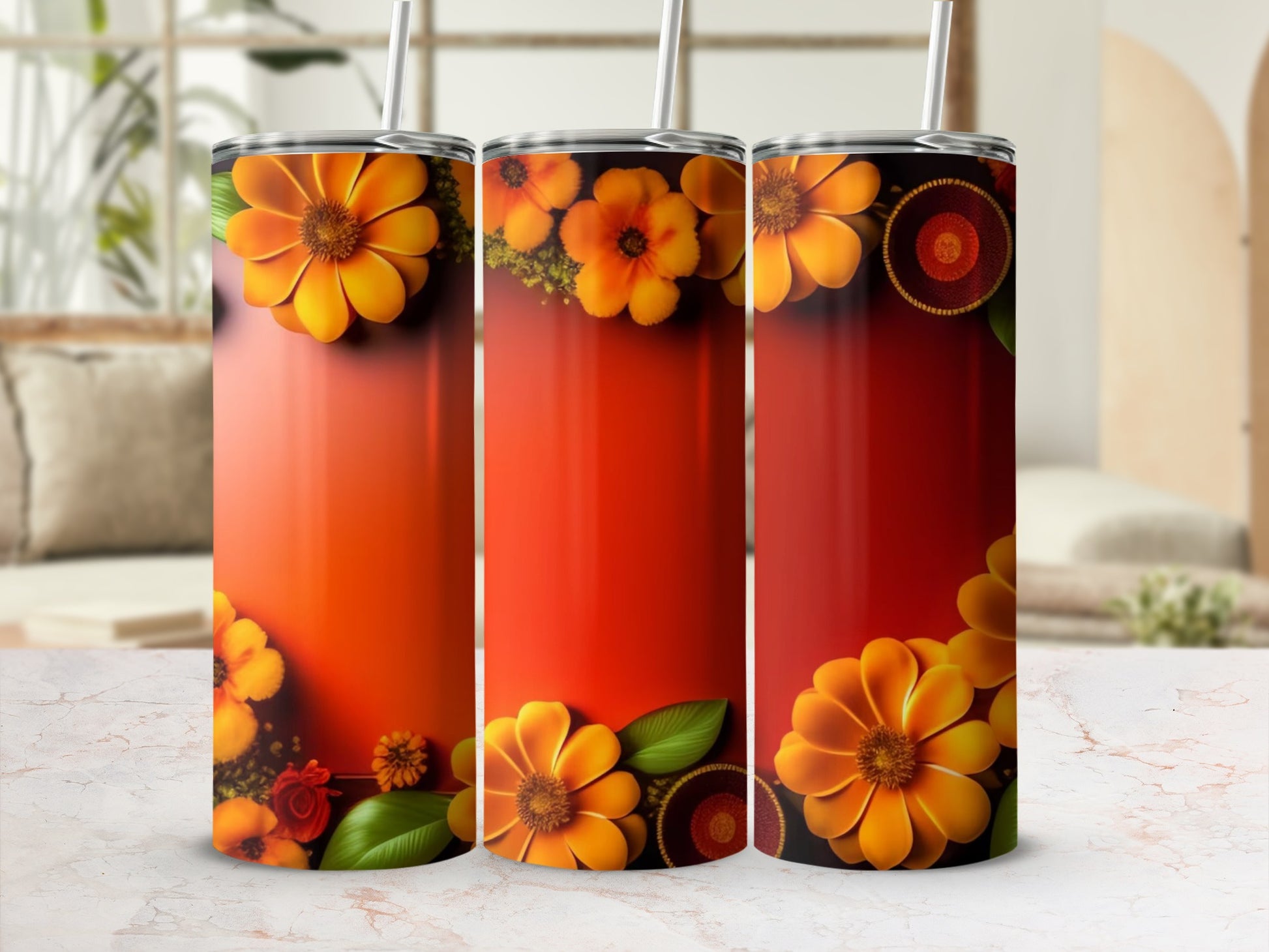 Vibrant Orange Floral Design Tall Tumbler Cup