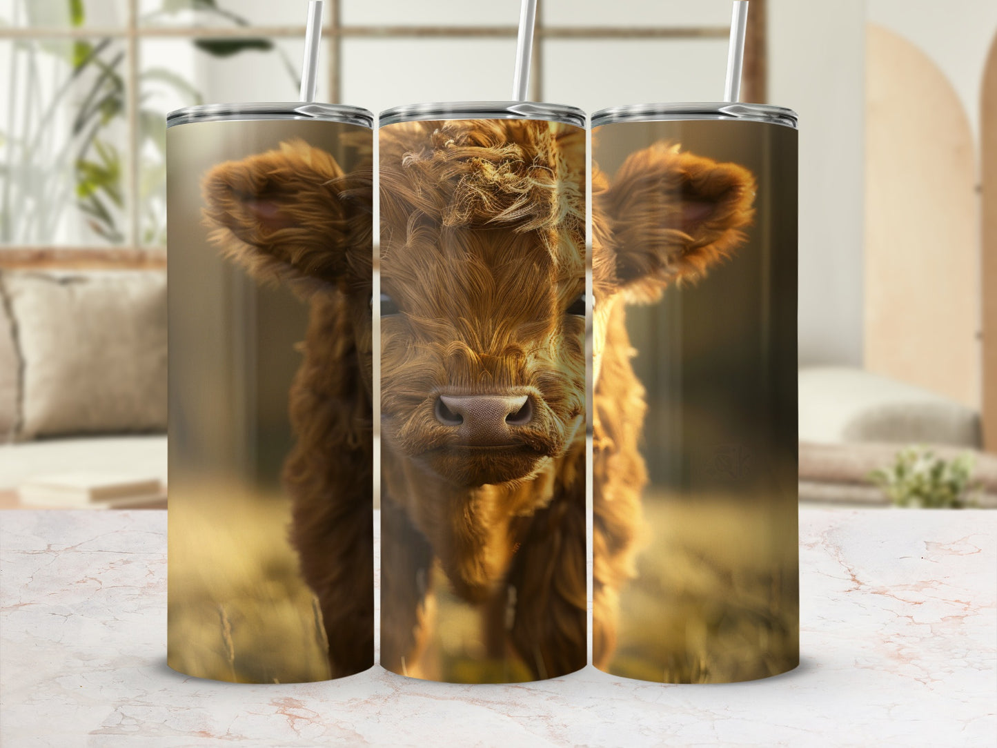 Three tumblers featuring a close-up of a fluffy brown calf with long hair.