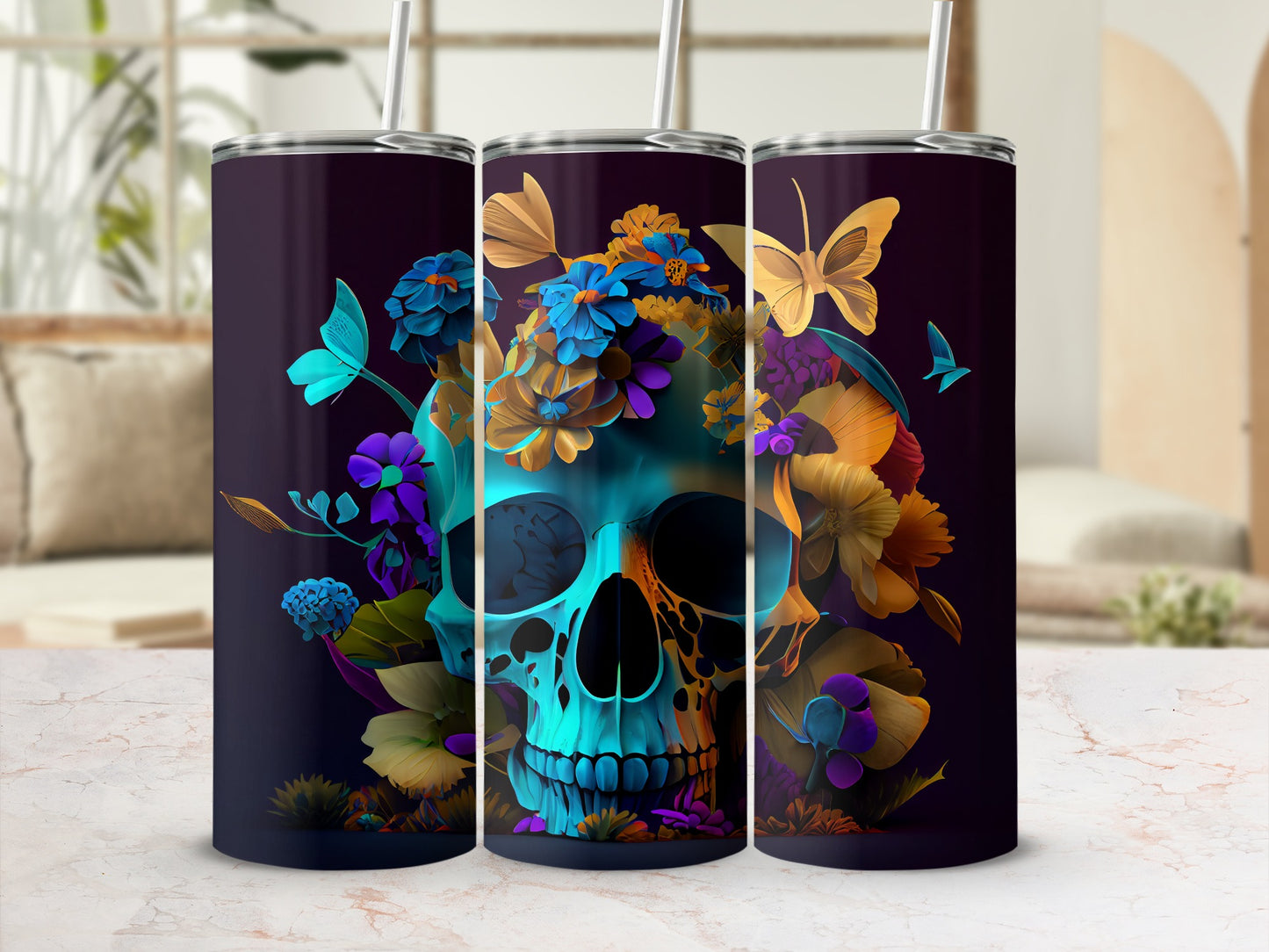 Vibrant Skull with Flowers and Butterflies Design Tumbler