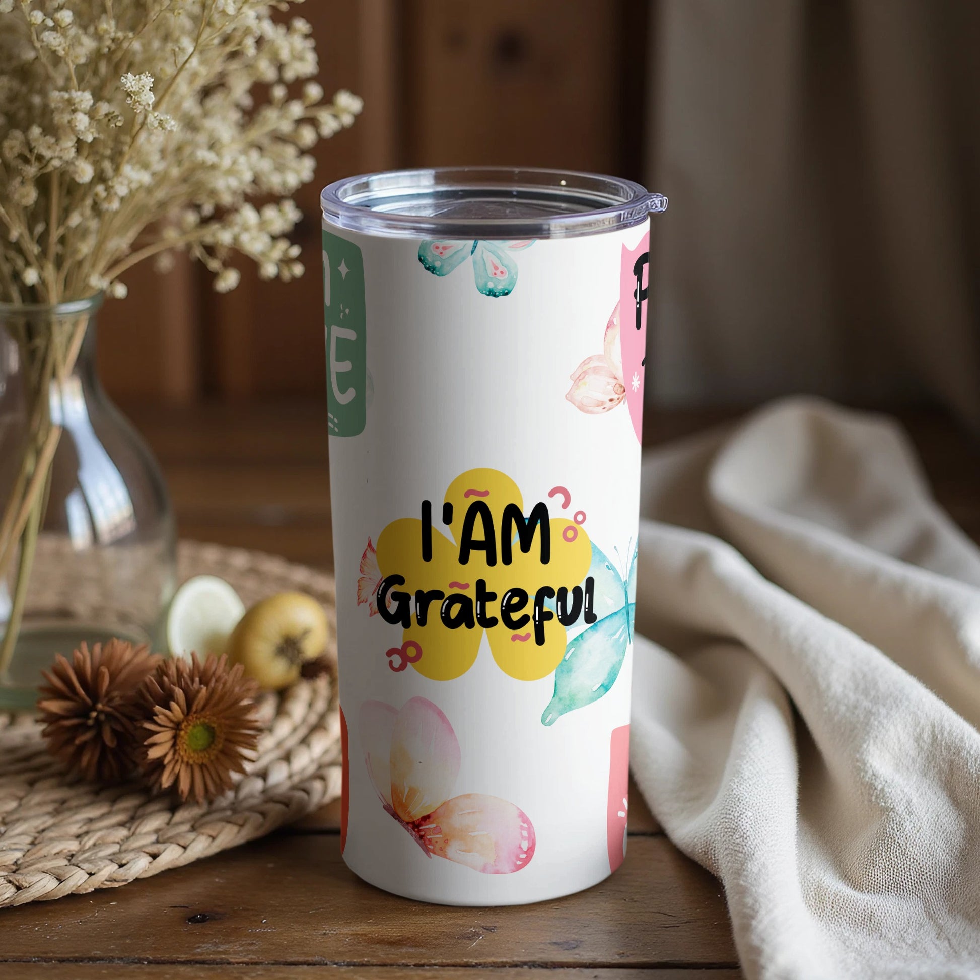 I Am Grateful Butterflies Art Tumbler Cup