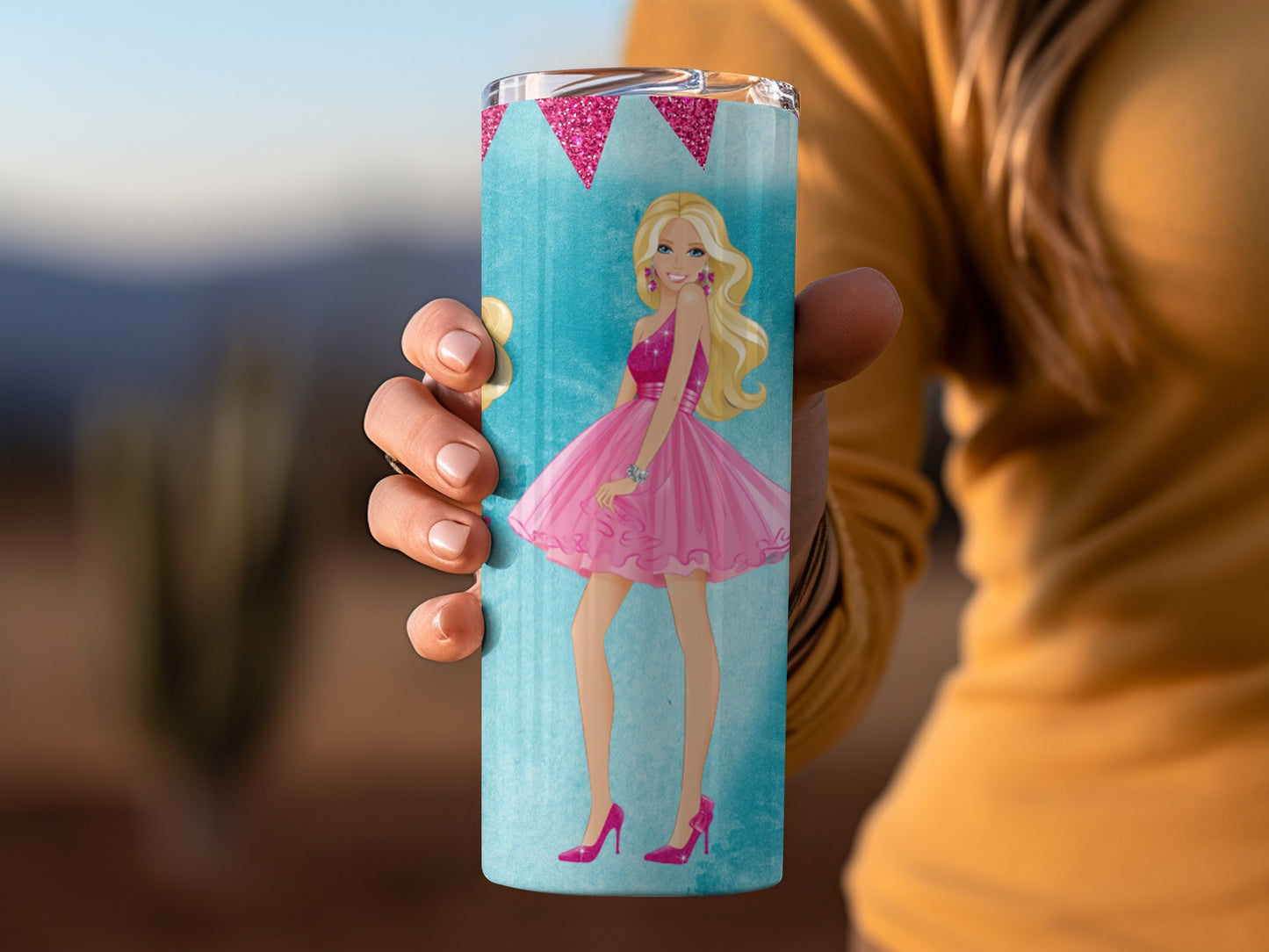 Three Blonde Fashion Dolls With A Dog On Turquoise Tumblers