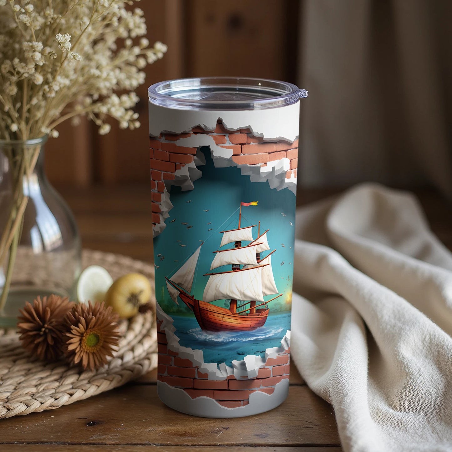 Sailing Ship Through Brick Wall Tumbler