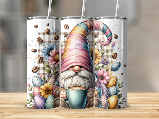 Gnome in colorful hat holding coffee mug, surrounded by Easter eggs and flowers.