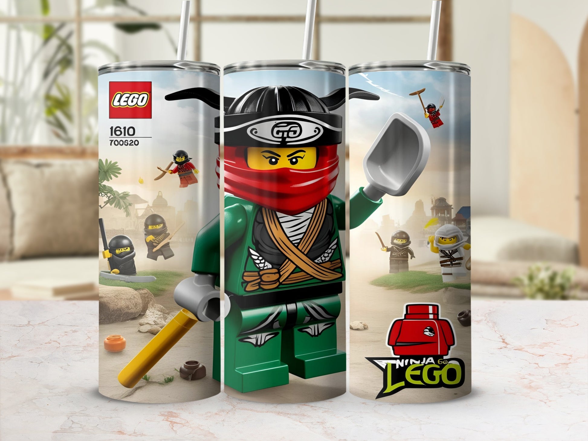 LEGO Ninjago tumbler with characters Kai, Cole, and Zane.