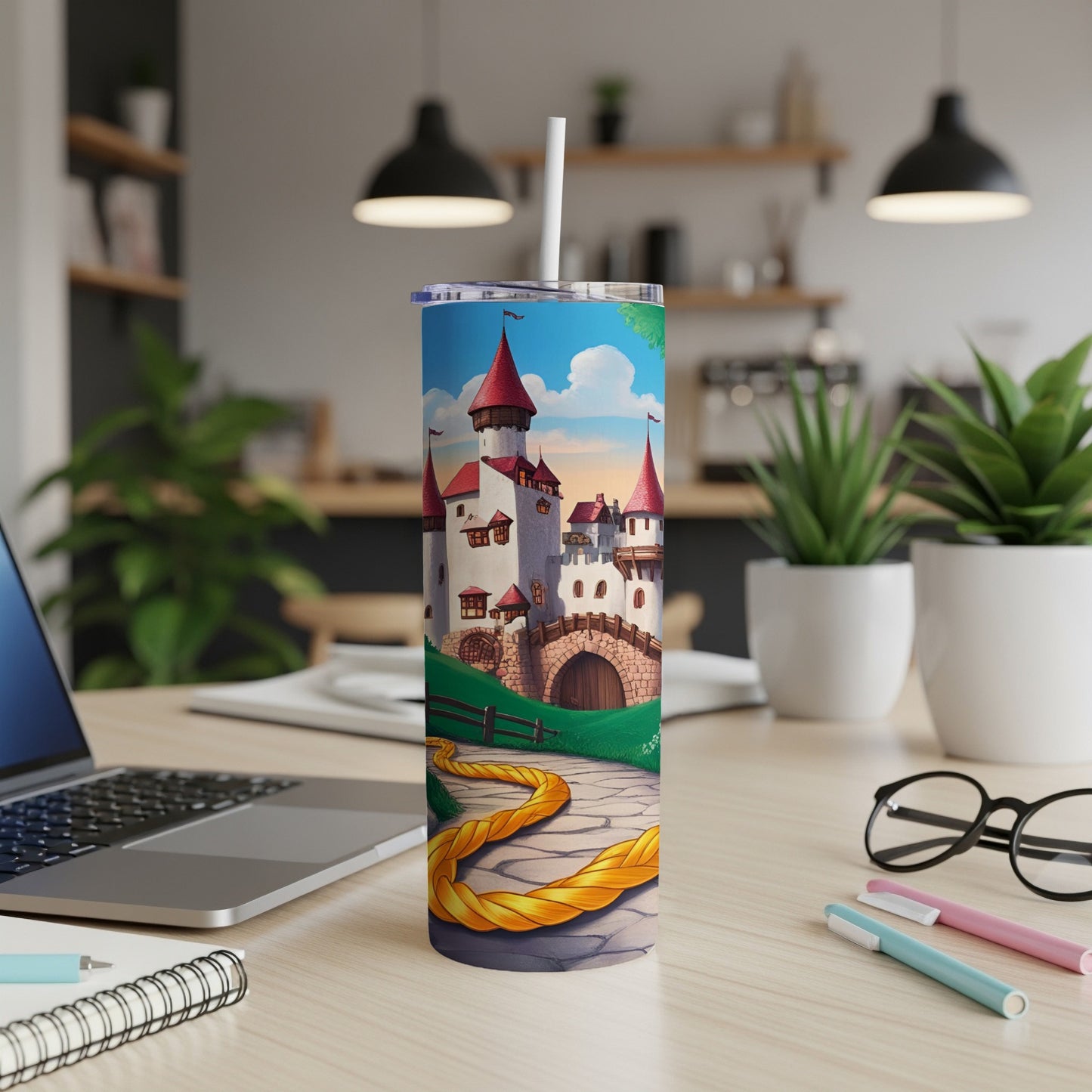Castle with Rapunzel's braid on a blue tumbler.