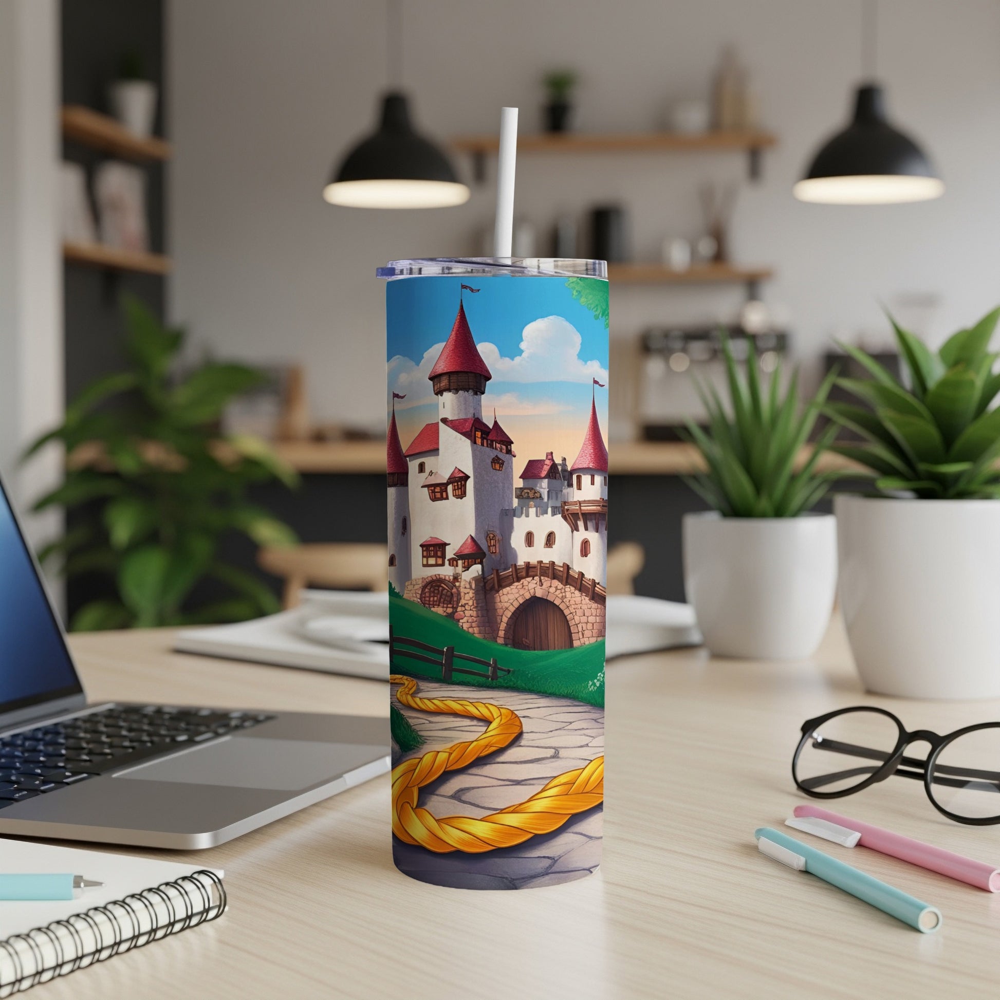 Castle with Rapunzel's braid on a blue tumbler.