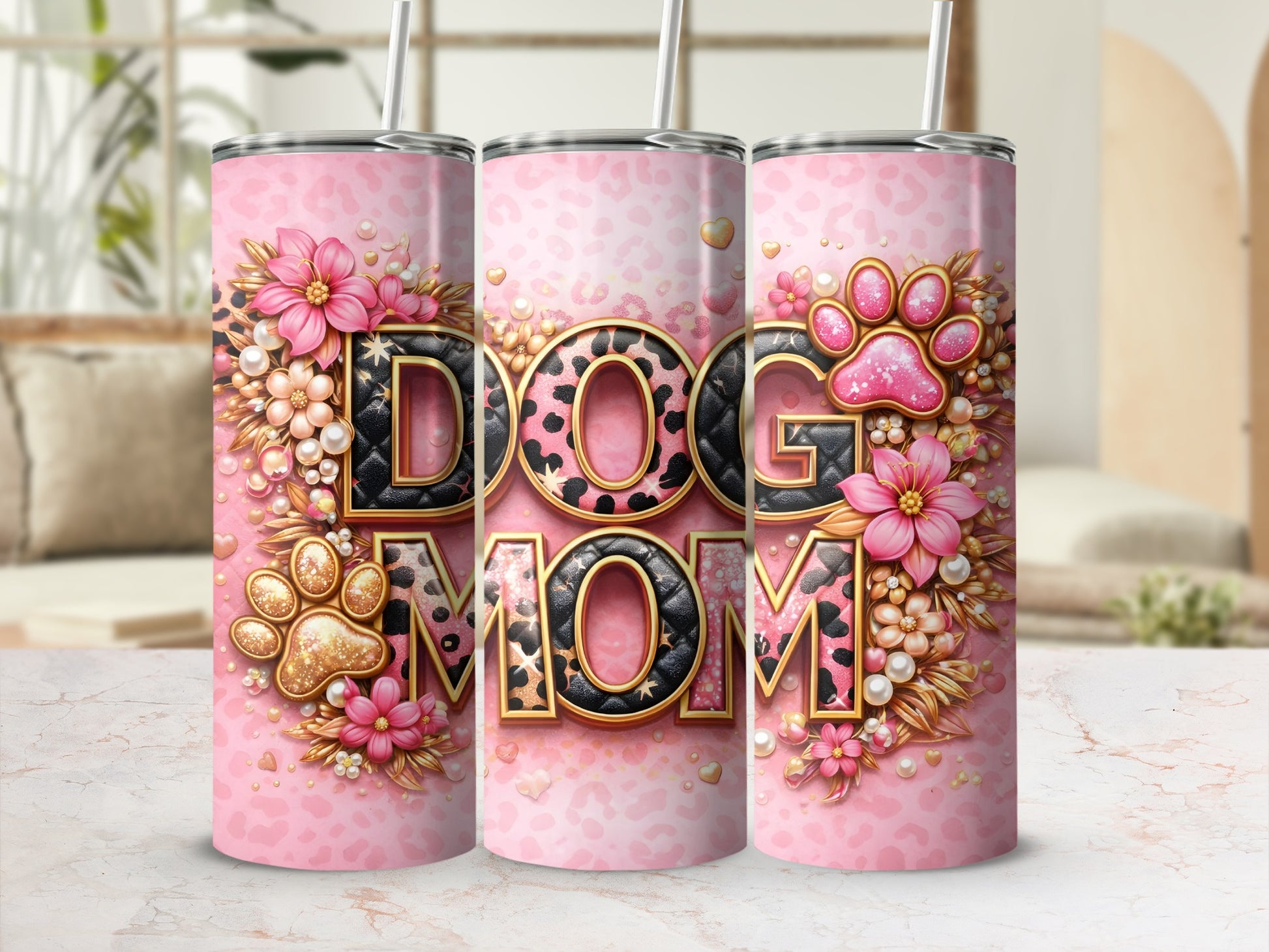 Pink tumbler with leopard print "DOG MOM" text, paw prints, and floral accents.