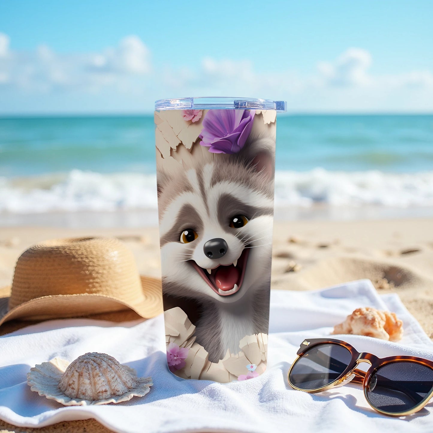 Smiling Cartoon Raccoon Tumbler Beach Vacation product type