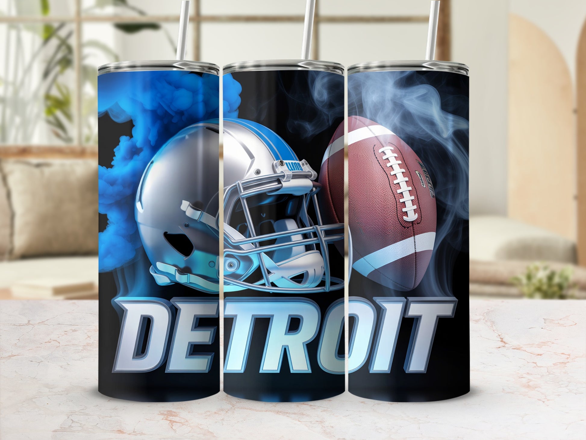 Detroit football helmet and ball with smoke graphic.