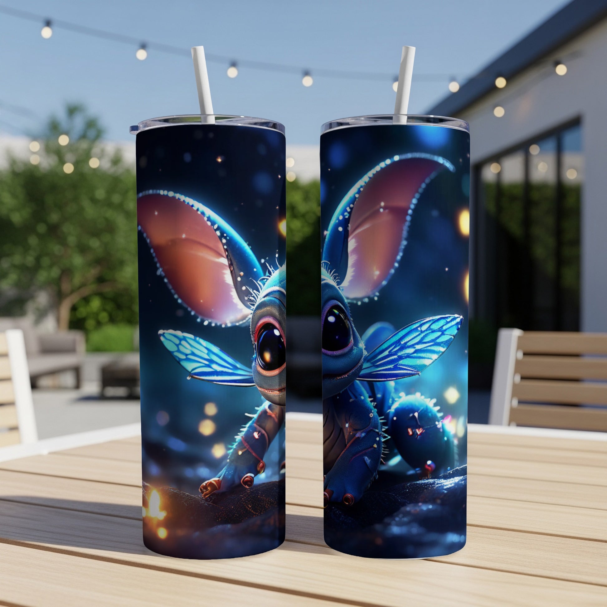 Blue winged creature with large eyes on a tumbler, outdoors.