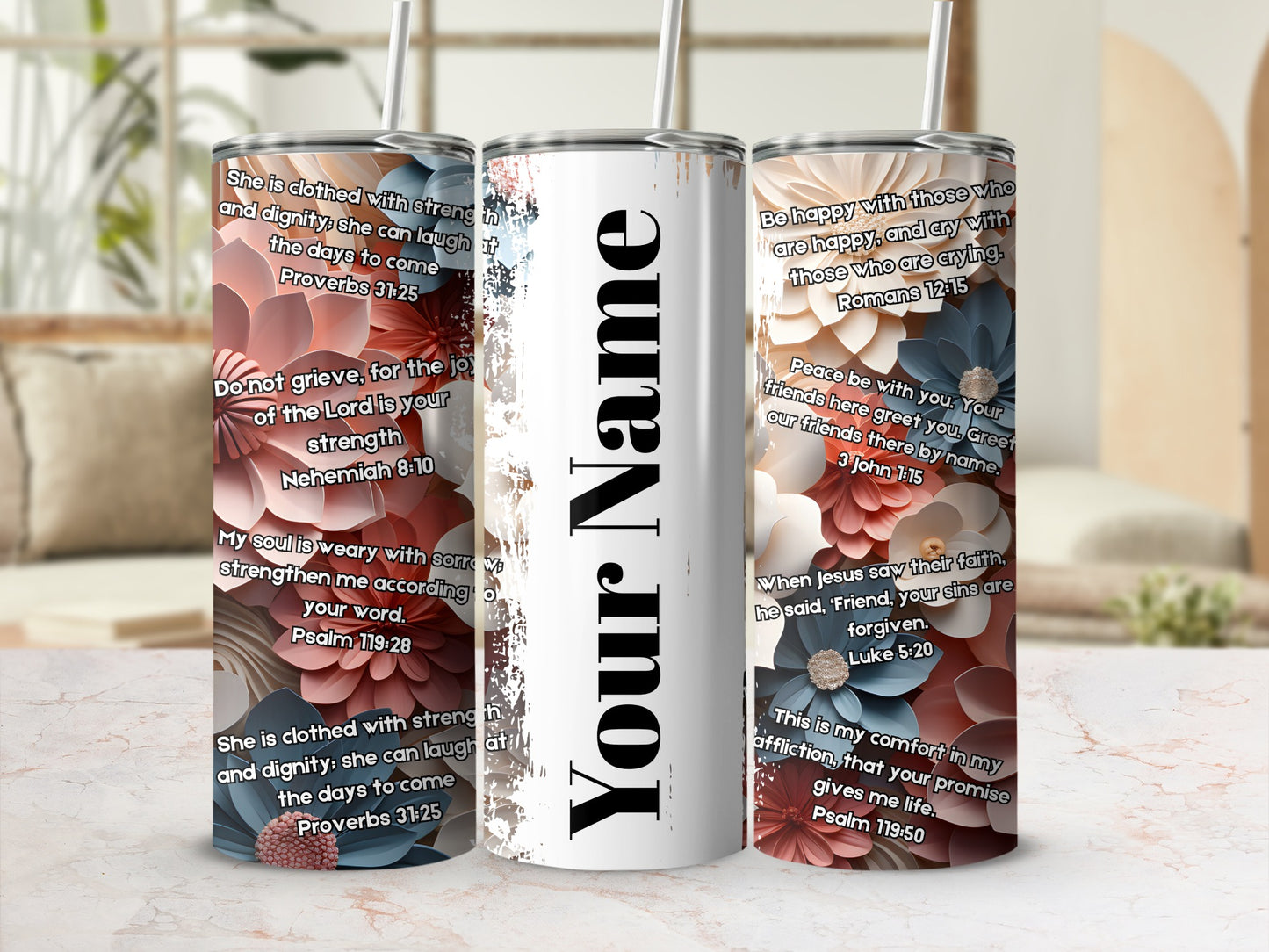 Personalized Floral Design Bible Verse Tumbler Cup