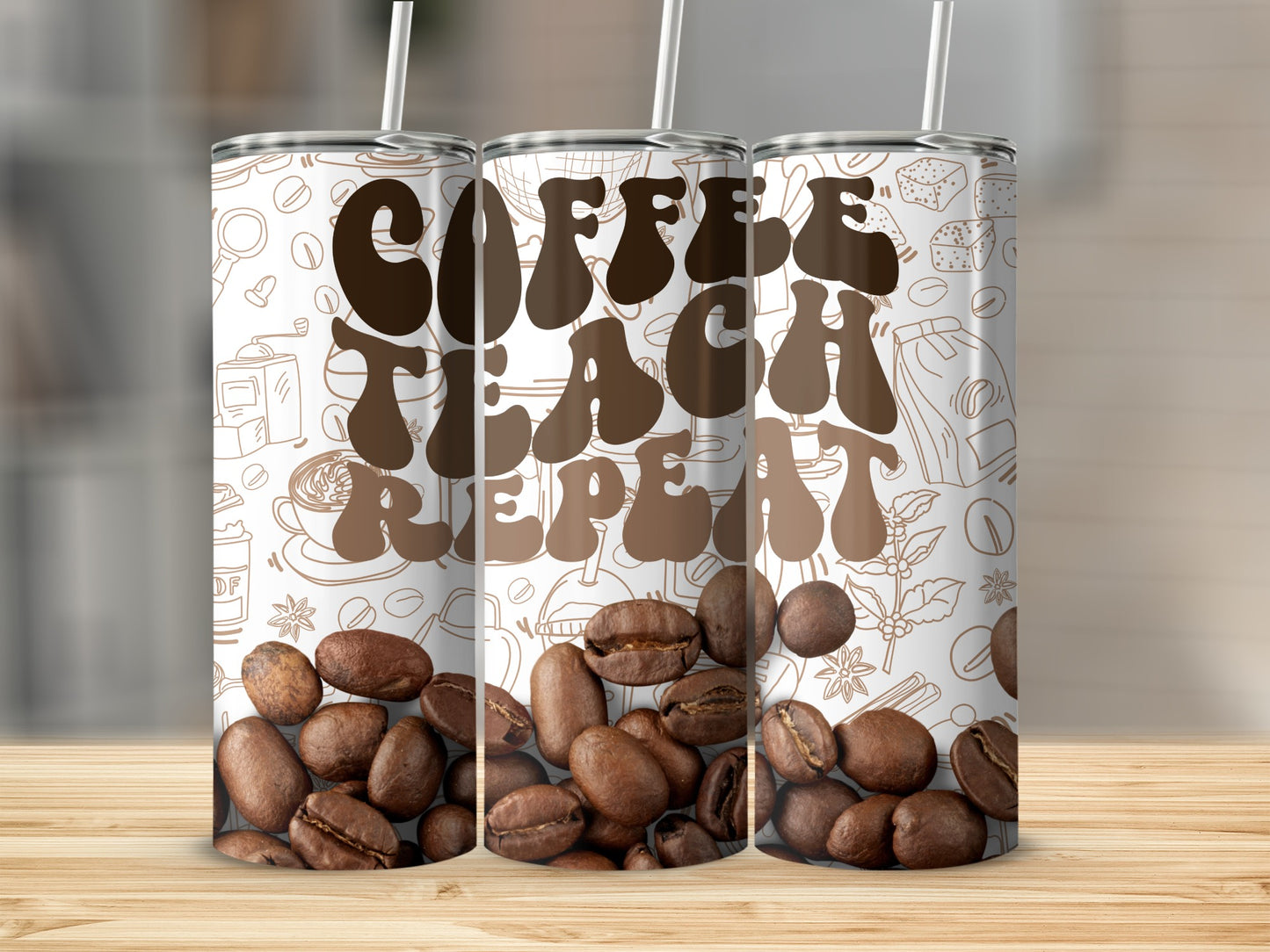 Coffee Teach Repeat Tumbler with Coffee Beans Design