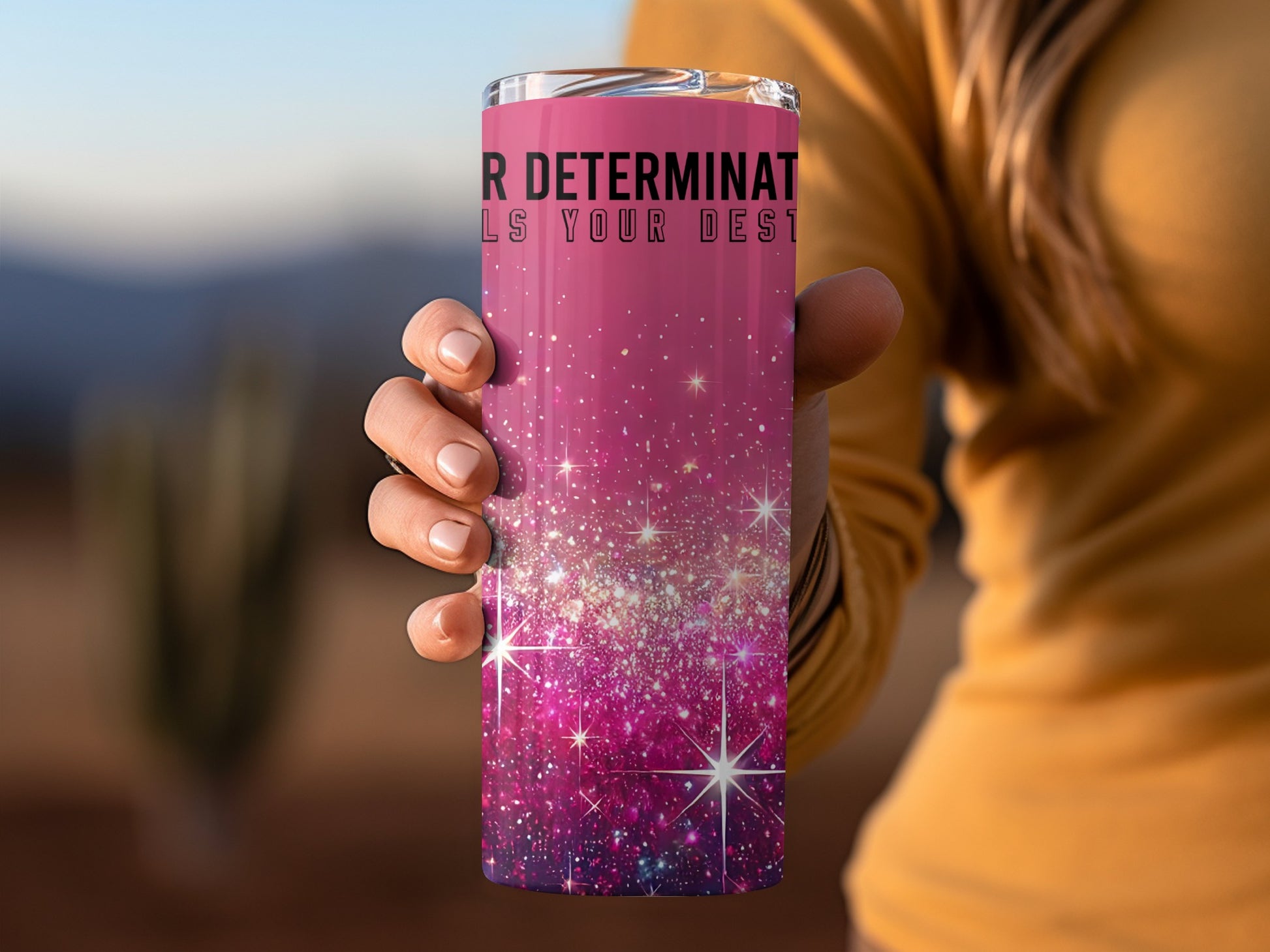 Sparkling Pink Glitter Tumbler with Motivational Text