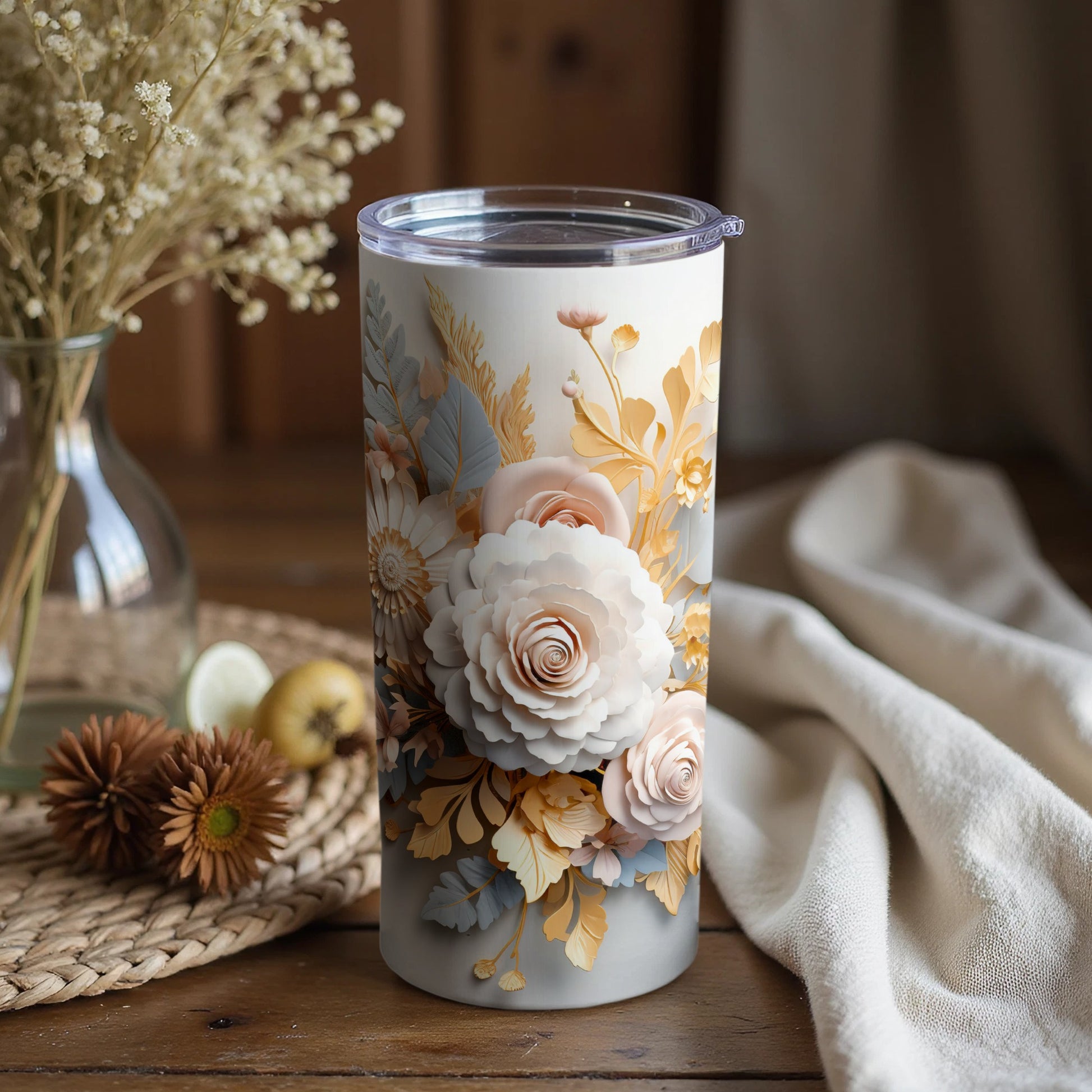 Elegant Floral Design Insulated Tumbler Cup