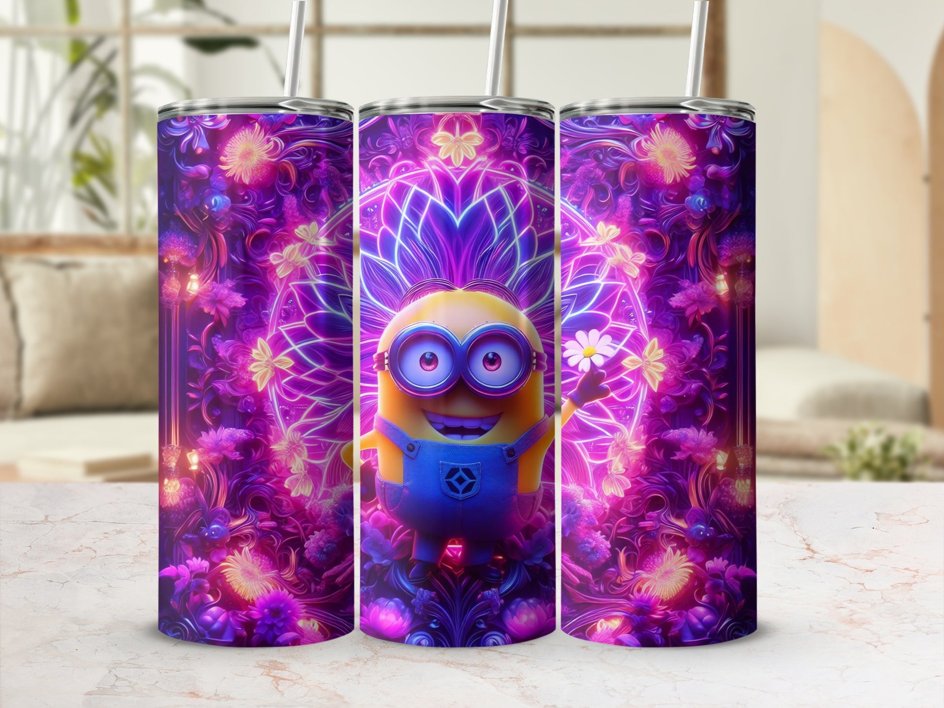 Vibrant Minion Floral Design Tumbler for Drink Enthusiasts