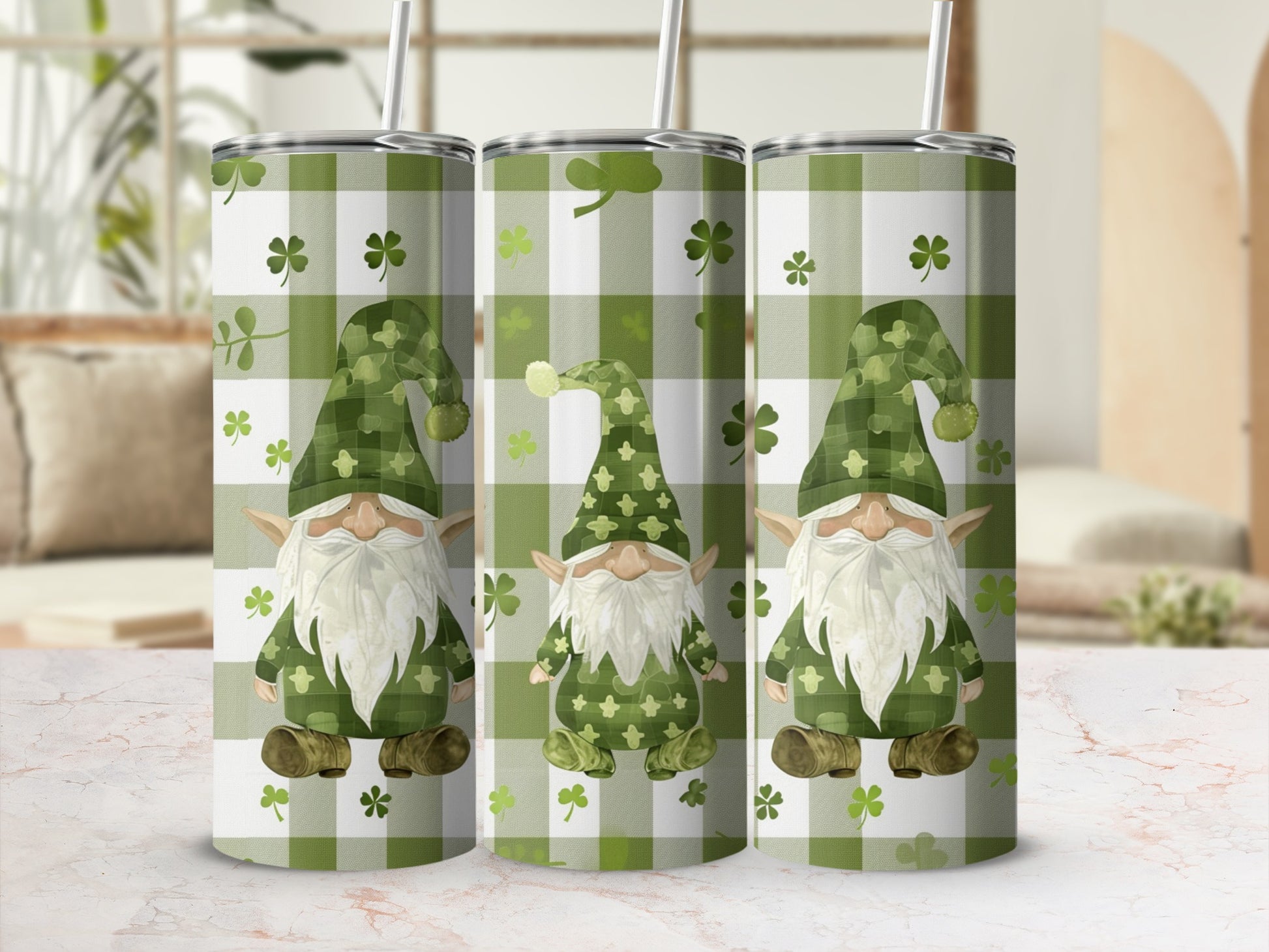 Three St. Patrick's Day gnomes with shamrocks on a green plaid tumbler.