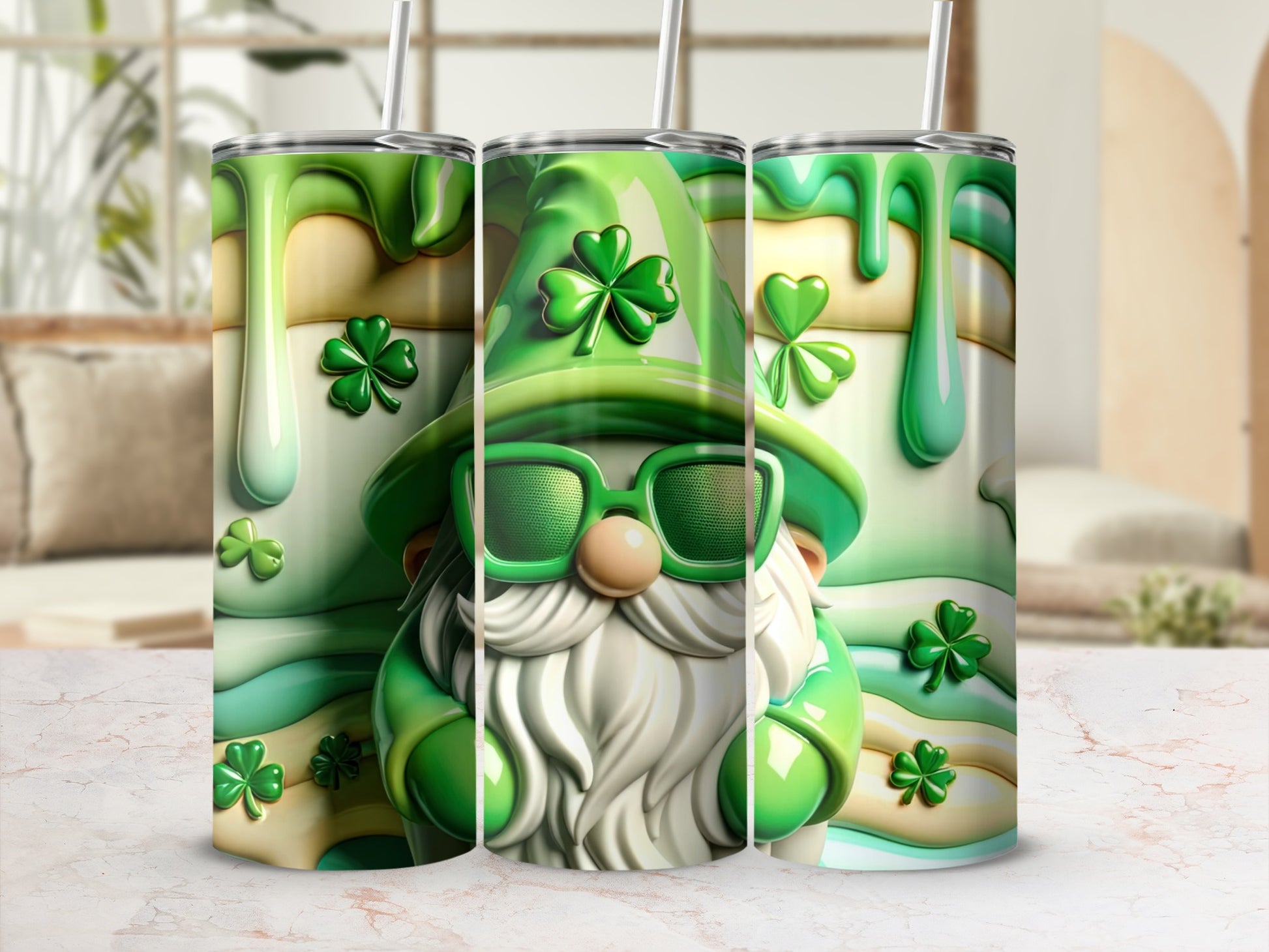 Green gnome with sunglasses and shamrocks on a marbled surface.