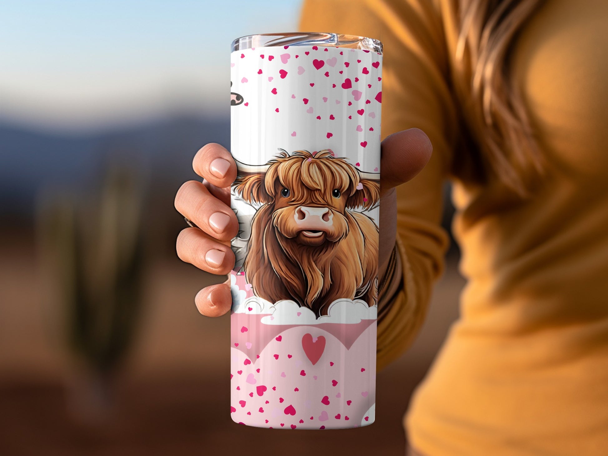 Cute Highland Cow With Hearts Design Tumbler Product