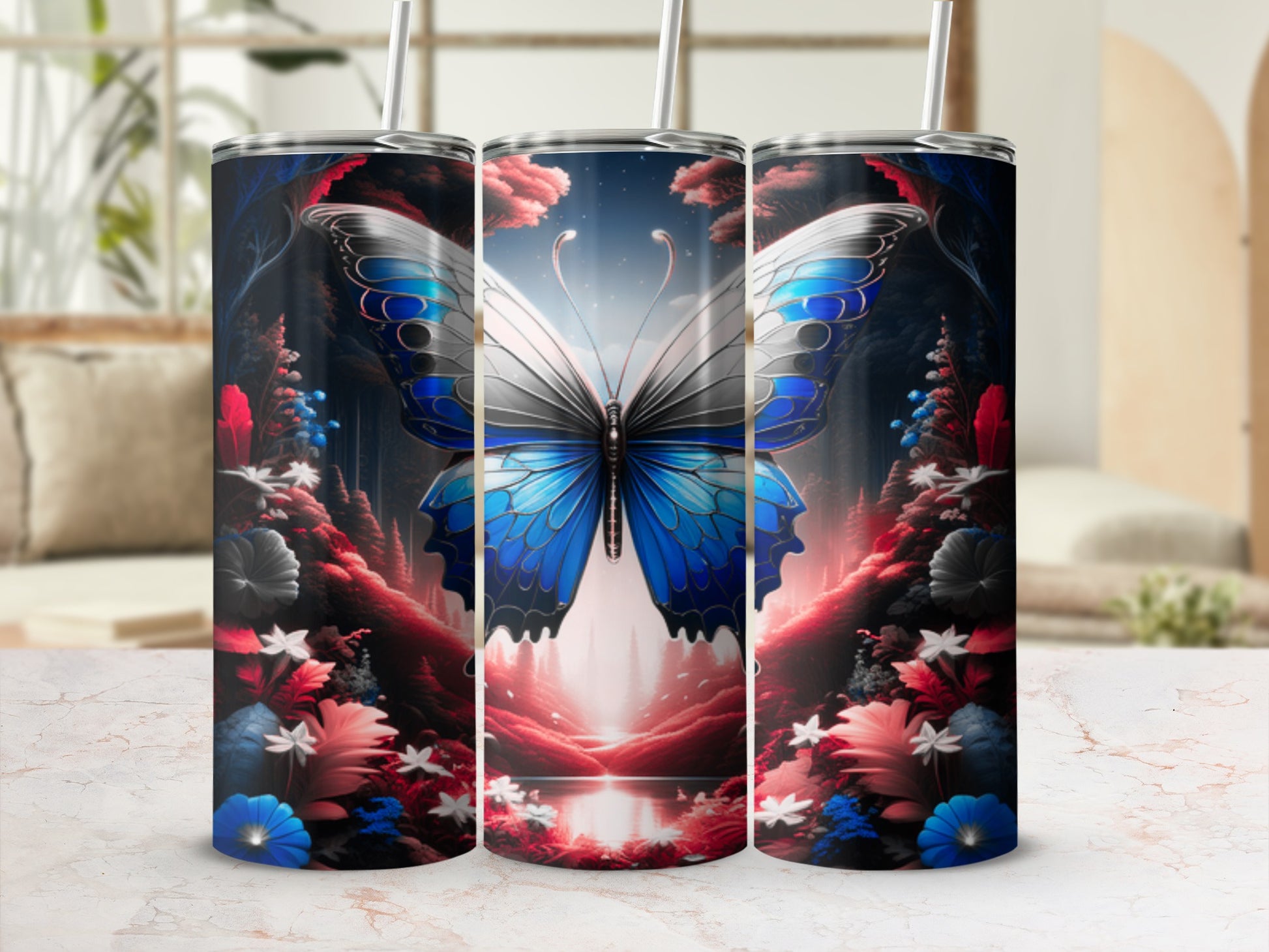 Blue butterfly on a dark, mystical landscape with red and white flowers.