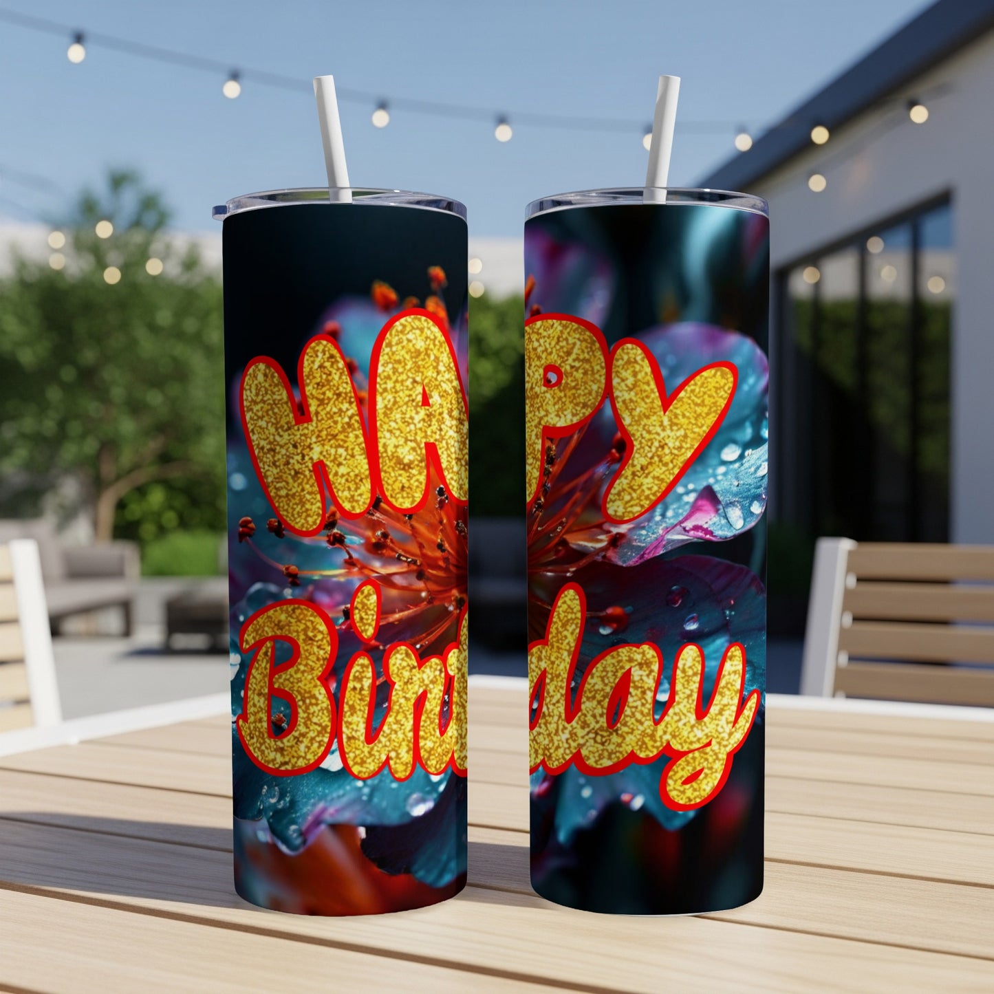 Happy Birthday glitter design on two tumblers with straws.