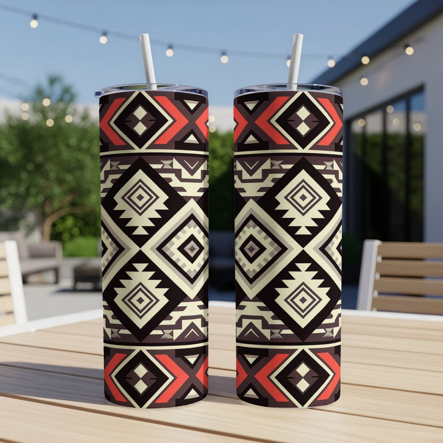 Two patterned tumblers with geometric tribal designs on a wooden table.