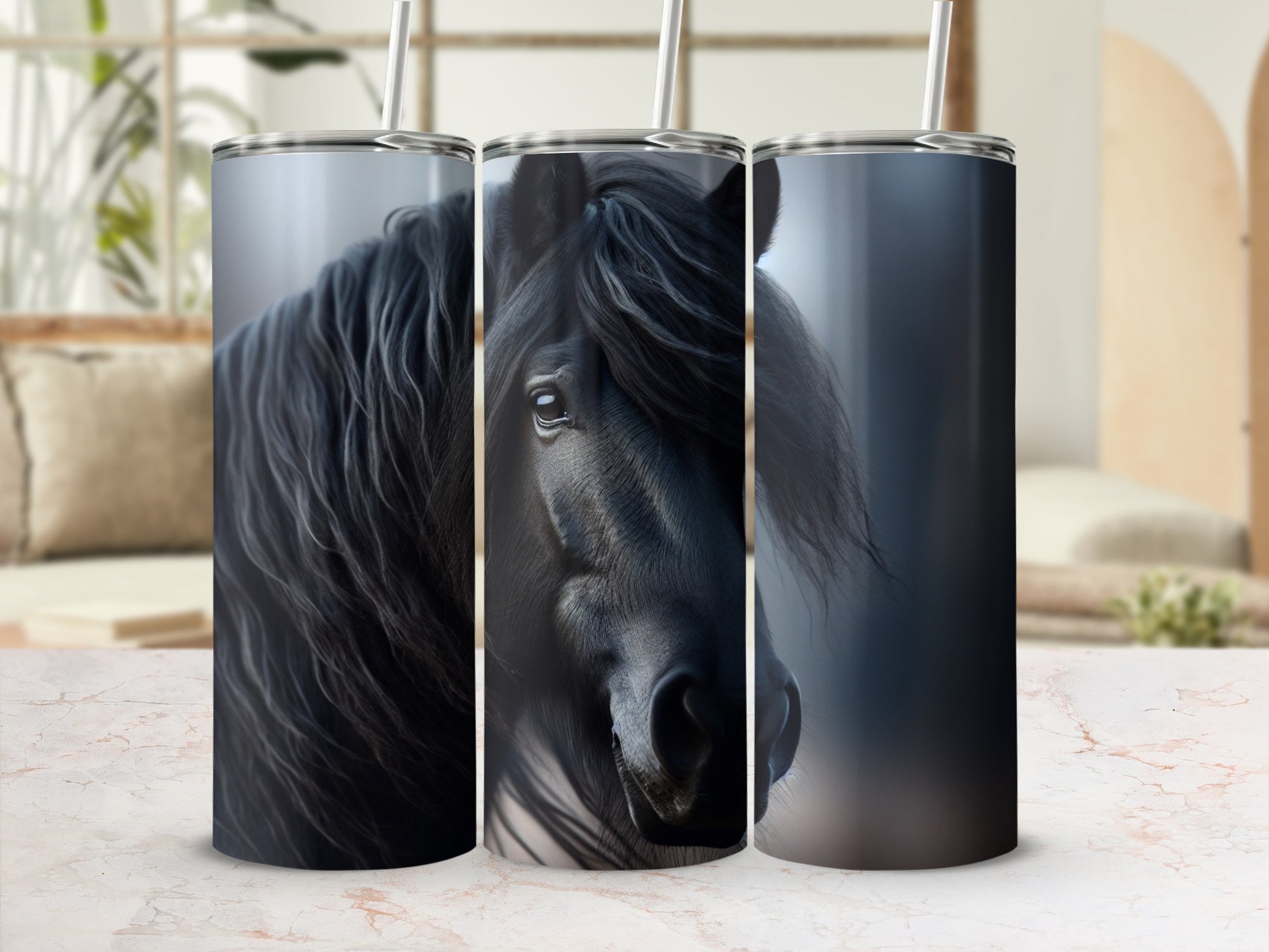 Black horse head wraps on three tumblers with straws.