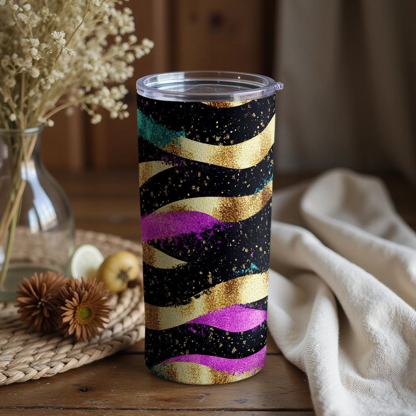 Vibrant Waves Design Black and Gold Travel Tumbler
