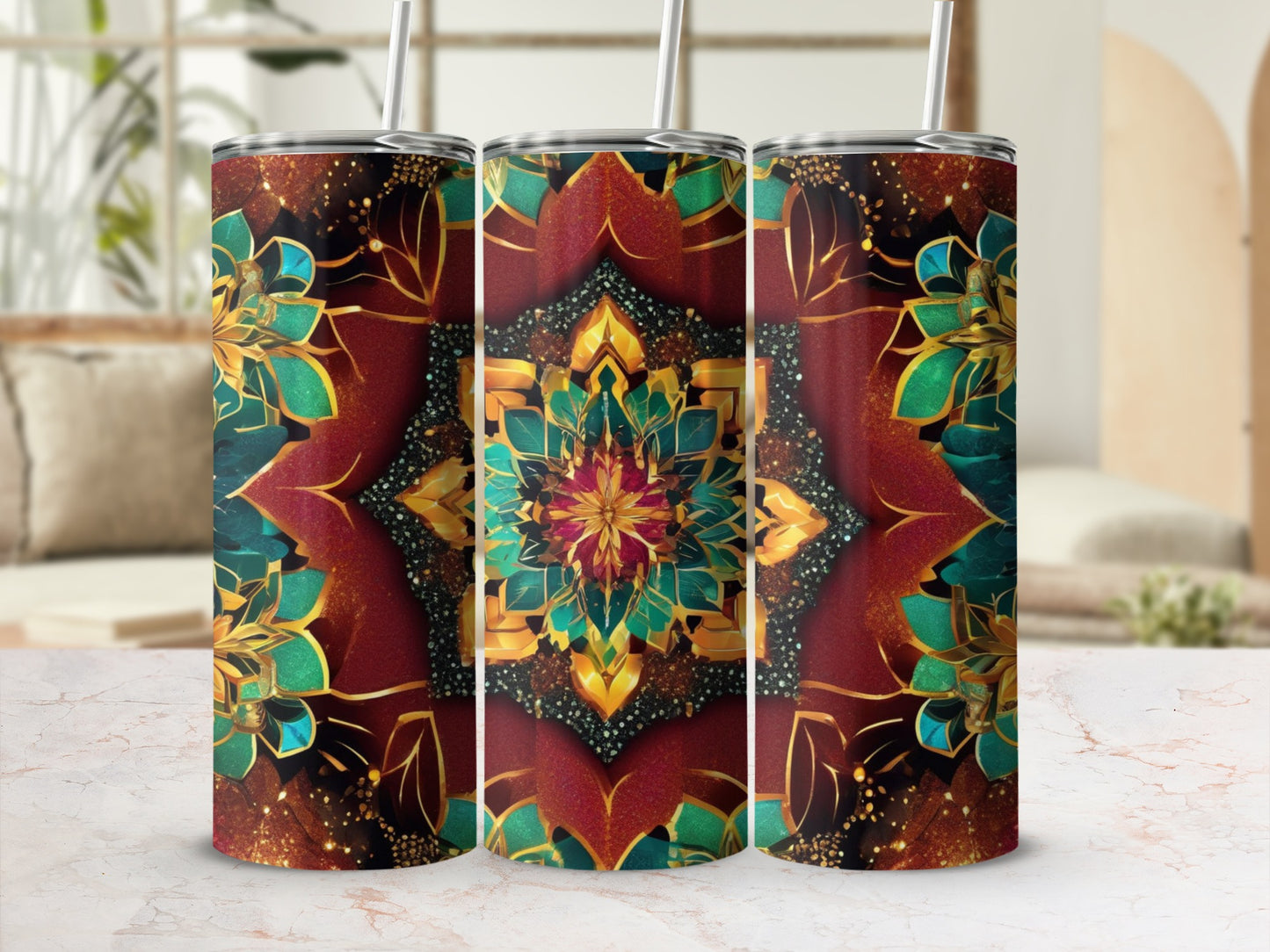 Three tumblers with a floral mandala pattern, dark red, gold, and teal.