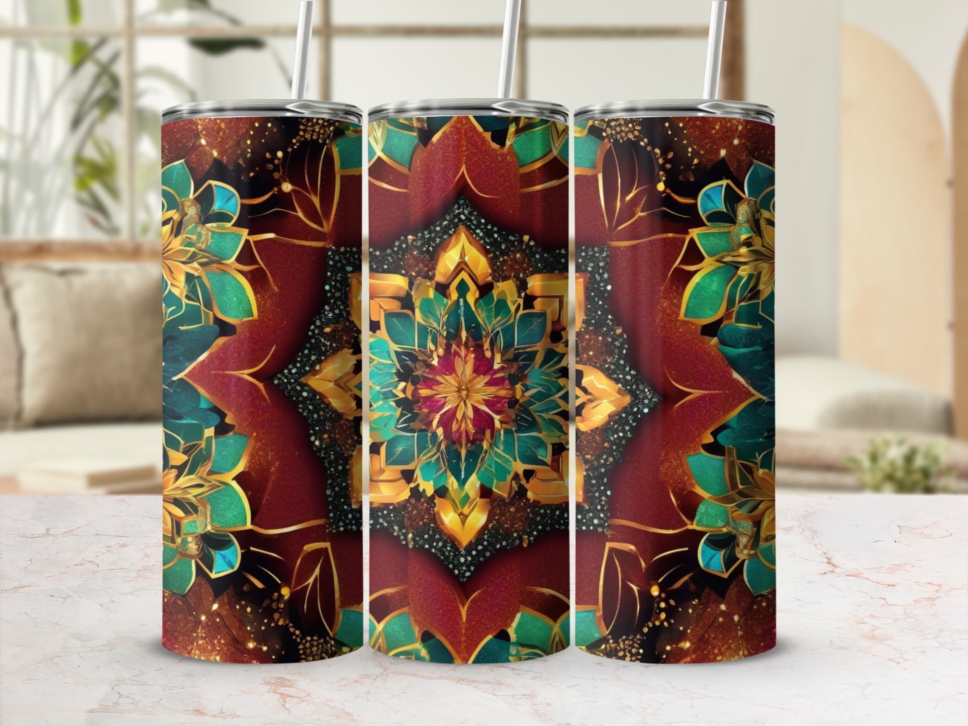 Three tumblers with a floral mandala pattern, dark red, gold, and teal.