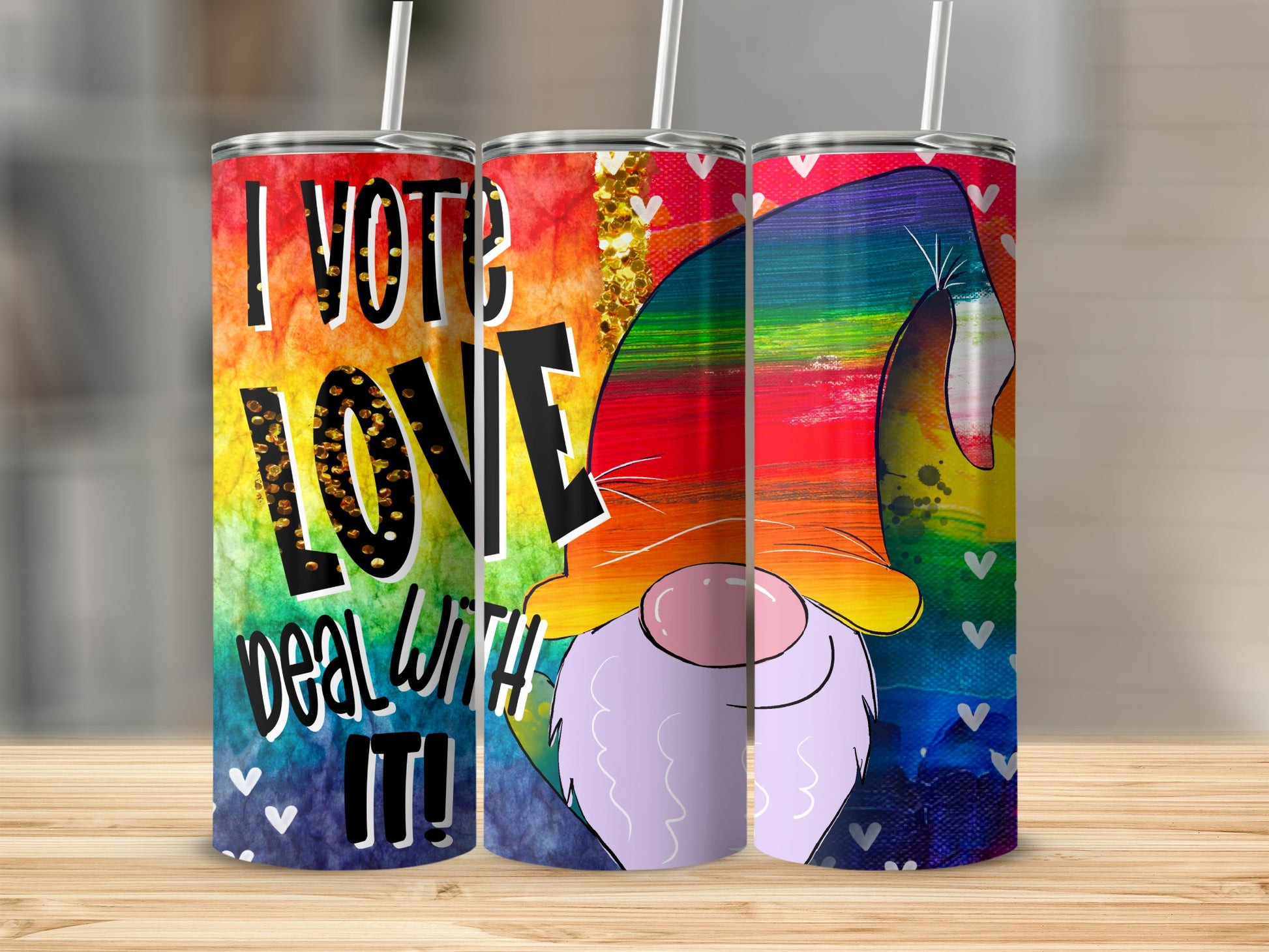 Gnome with rainbow hat and "I vote love" text on a tumbler.