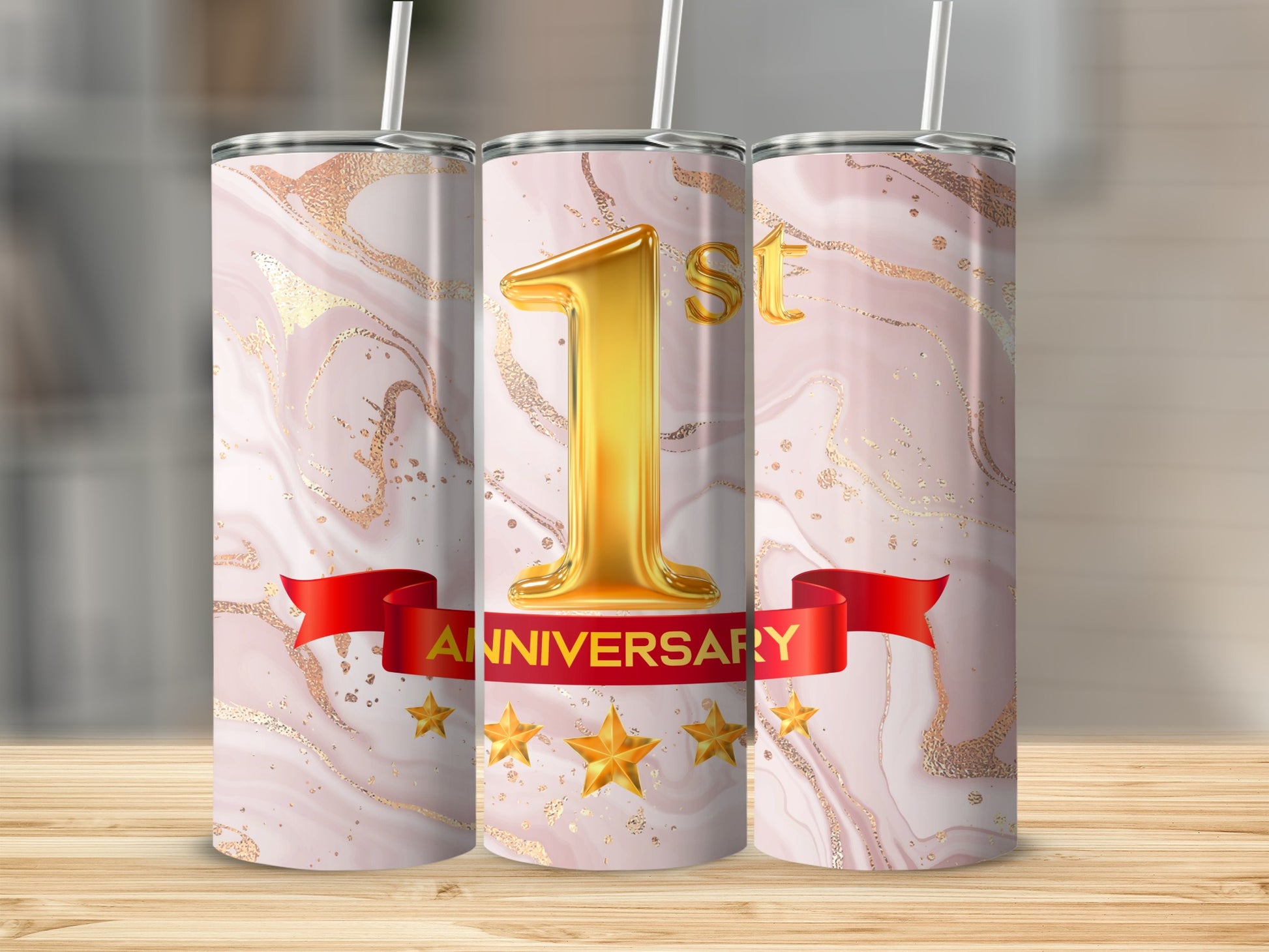 Gold "1st" and stars on marble background tumbler with red ribbon.