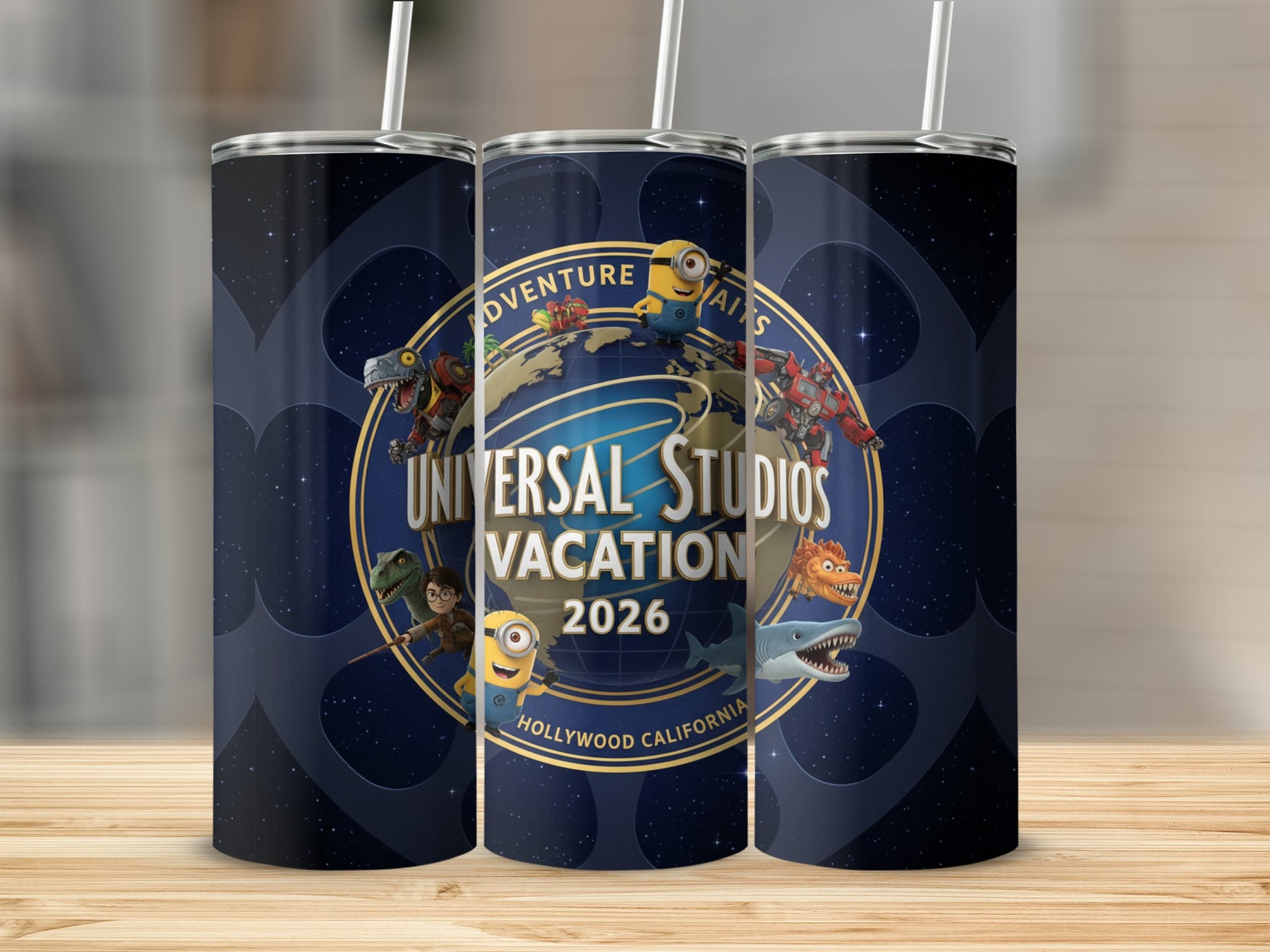 Universal Studios Vacation 2026 tumbler with characters and globe.