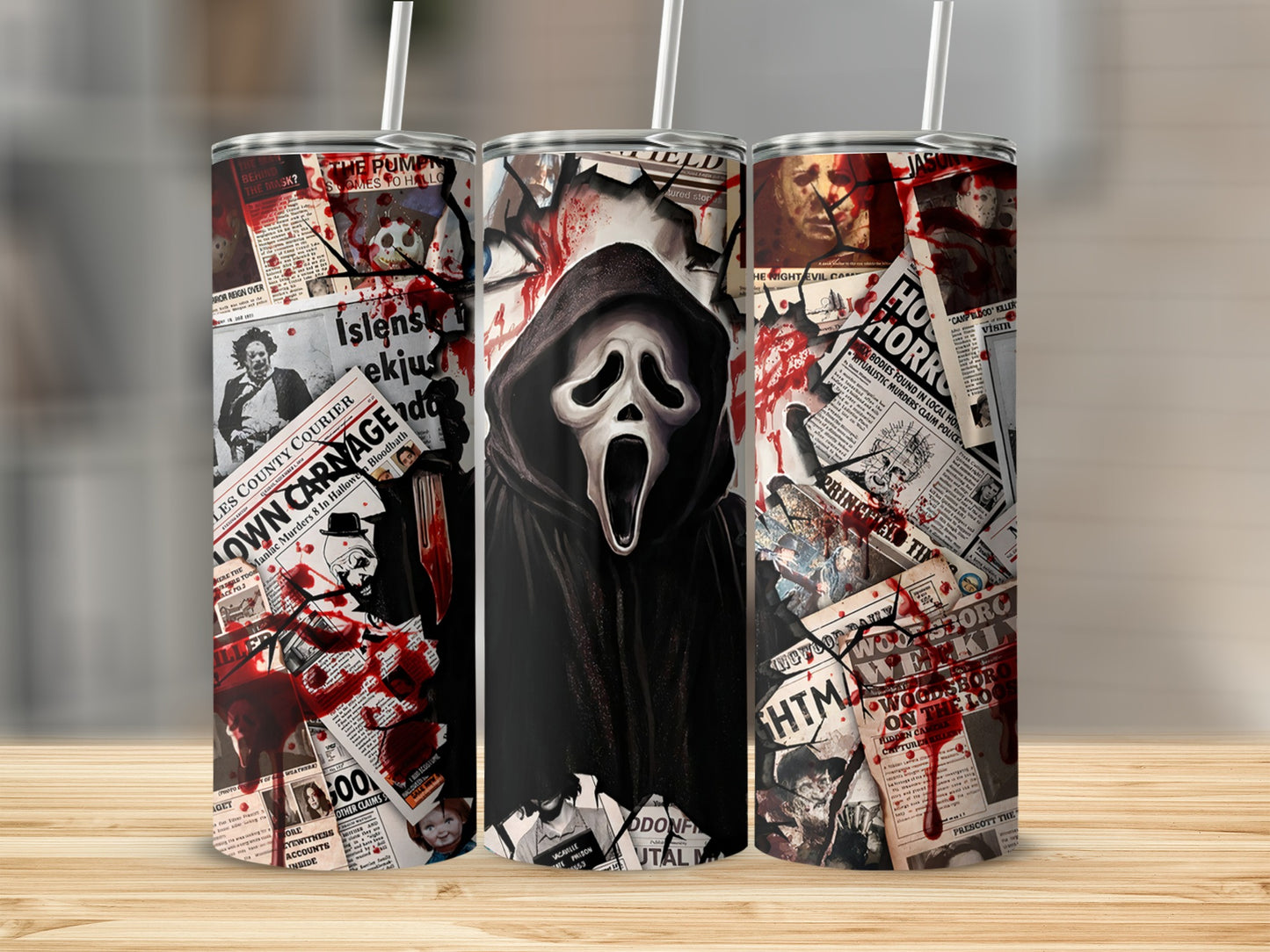 Scream mask and horror newspaper collage on a tumbler.