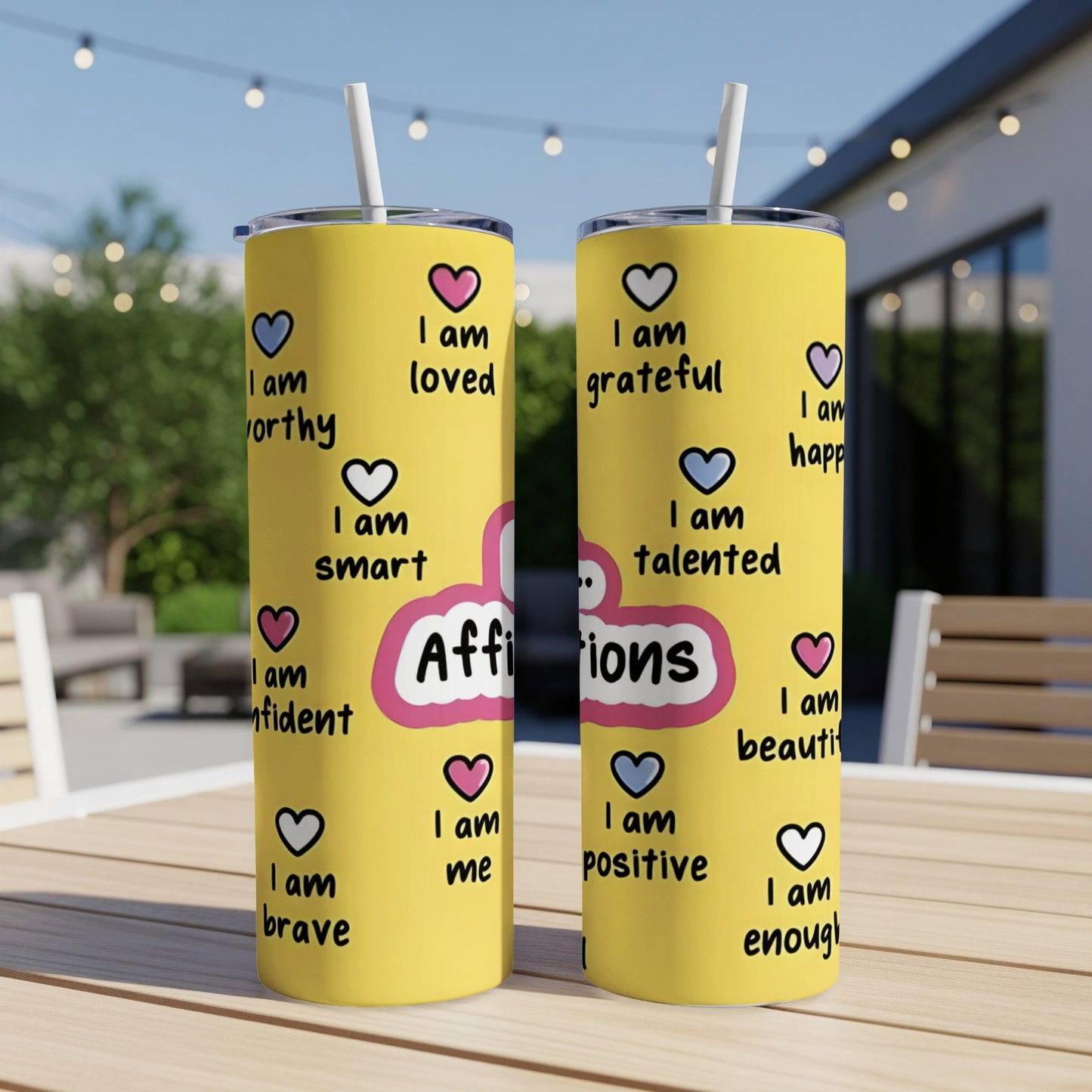 Yellow tumbler with "Affirmations" and positive "I am" statements in pink and blue.