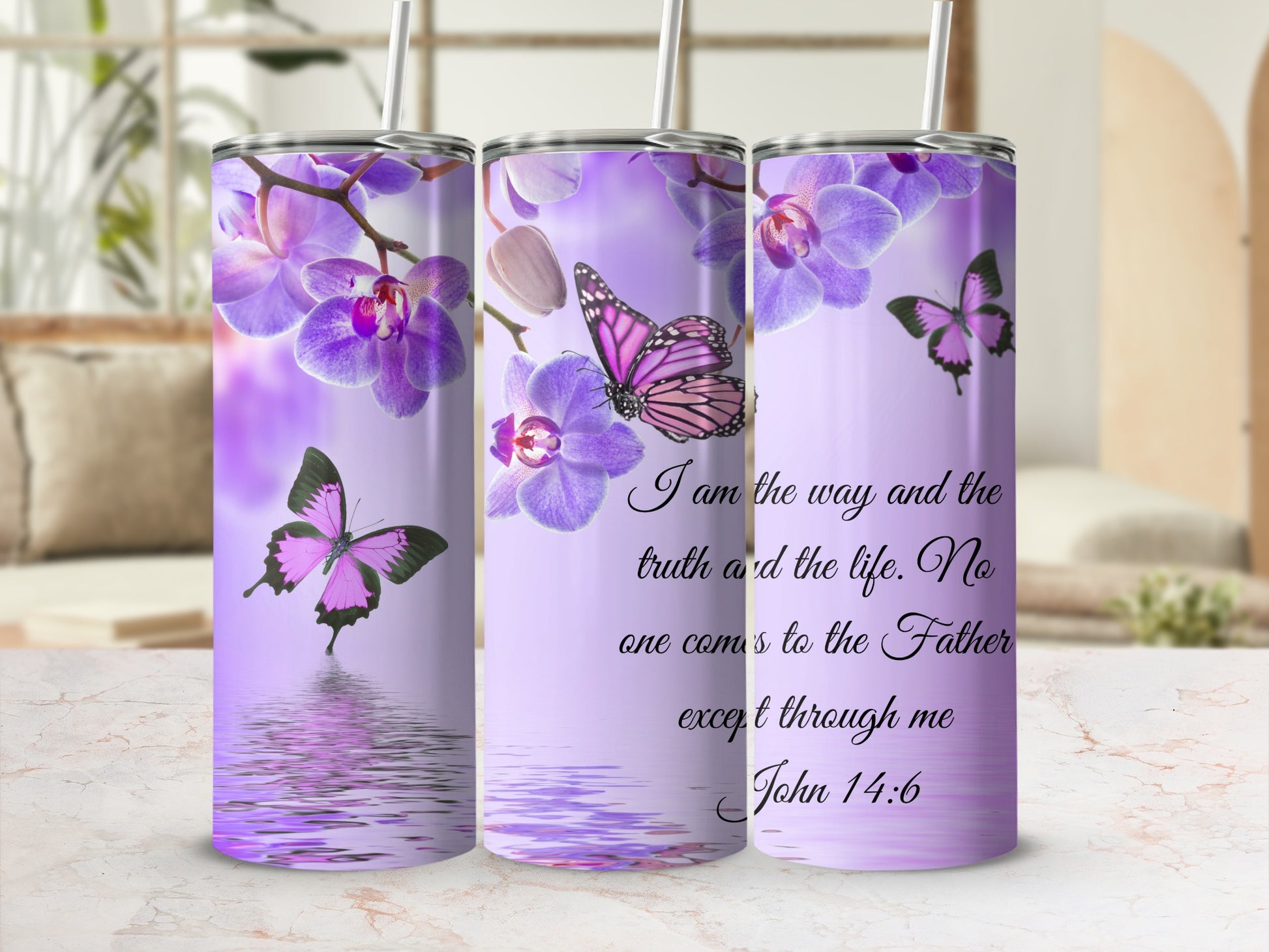 Floral Butterflies with John 14:6 Design Tumbler Cup
