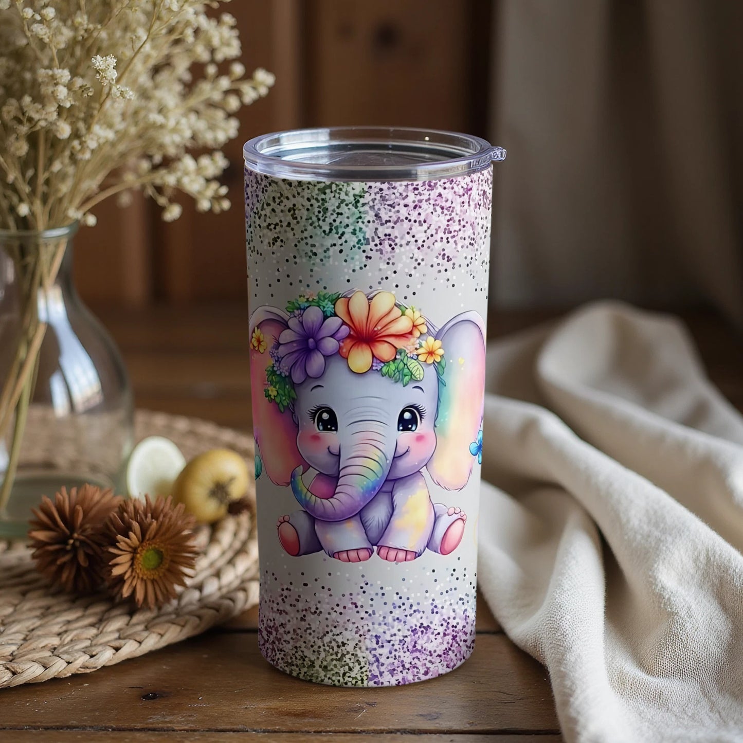 Cute Floral Adorned Baby Elephant Tumbler Cup